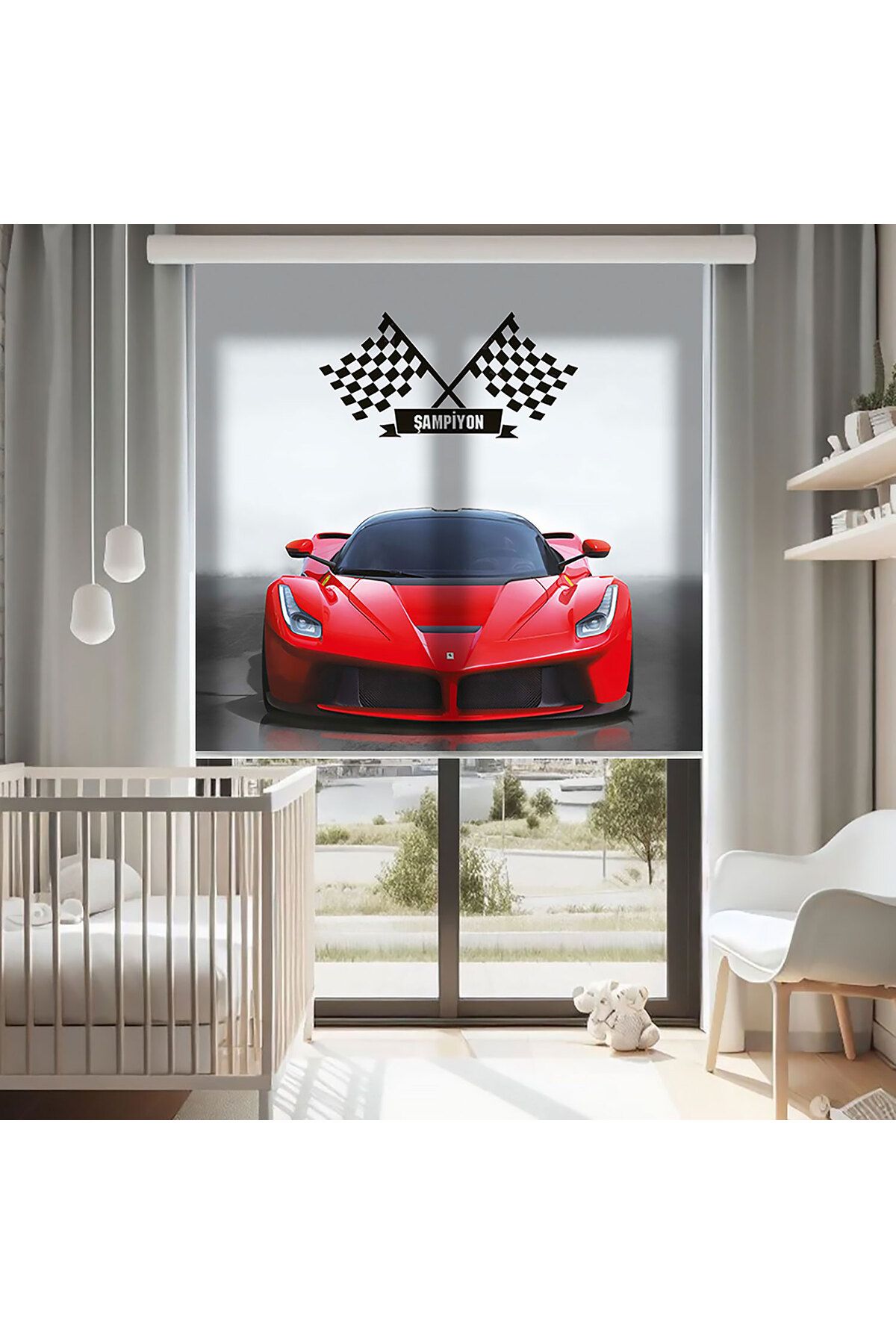 AD Home Kırmızı Ferrari Baskılı Stor Perde - Baskılı Güneşlik Perdesi - Erkek Çocuk Odası Perdesi (688_S)