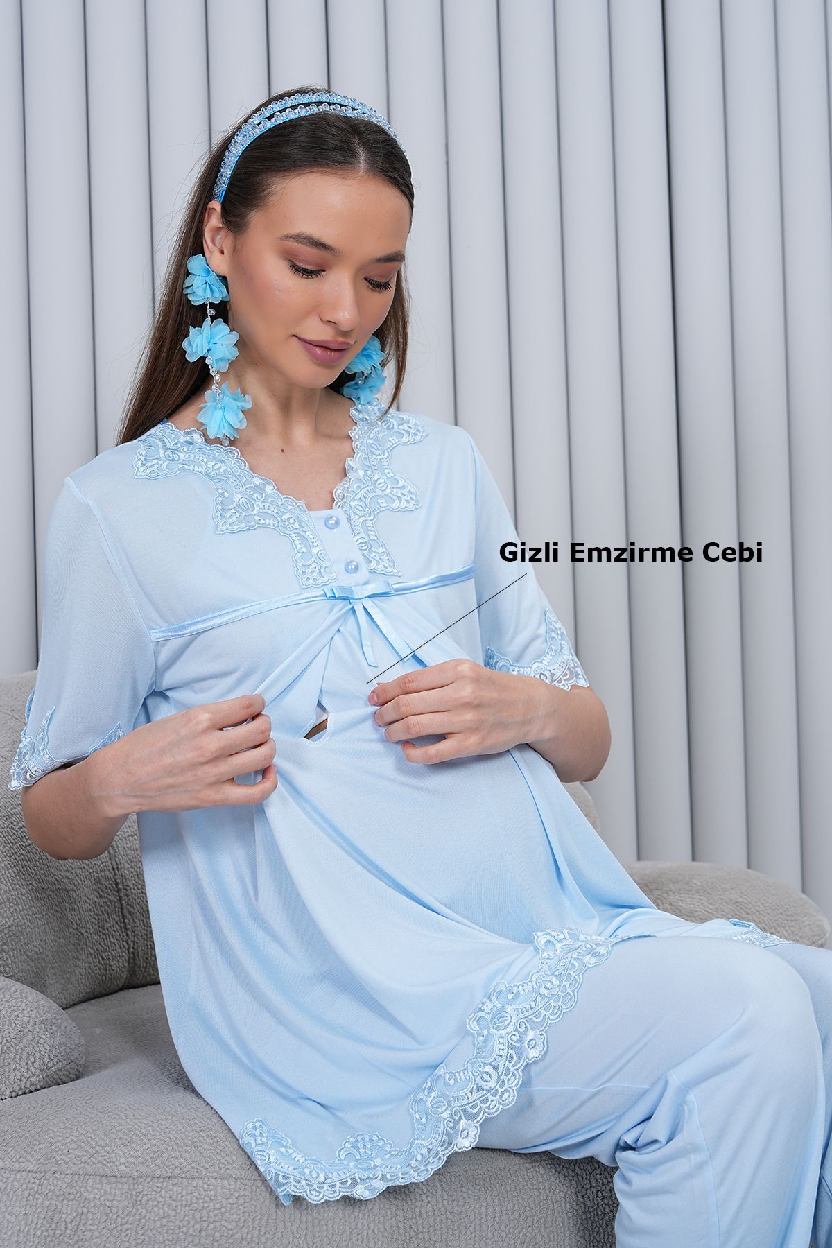 lohusahamile-Pregnant Maternity Pajamas Set with Hidden Breastfeeding Short Sleeve and Blue Dressing Gown 3