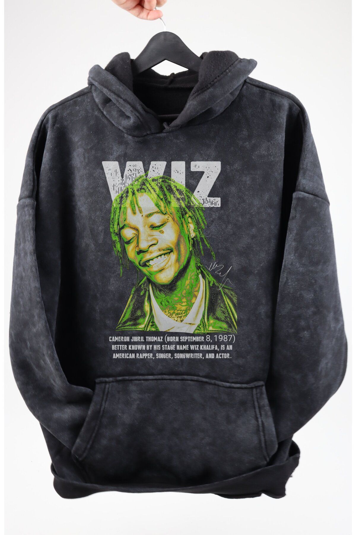 Fuddy Moda Oversize Wiz Khalifa Baskılı Kapüşonlu Yıkamalı Sweatshirt, Unisex Rapper Temalı Retro Hoodie