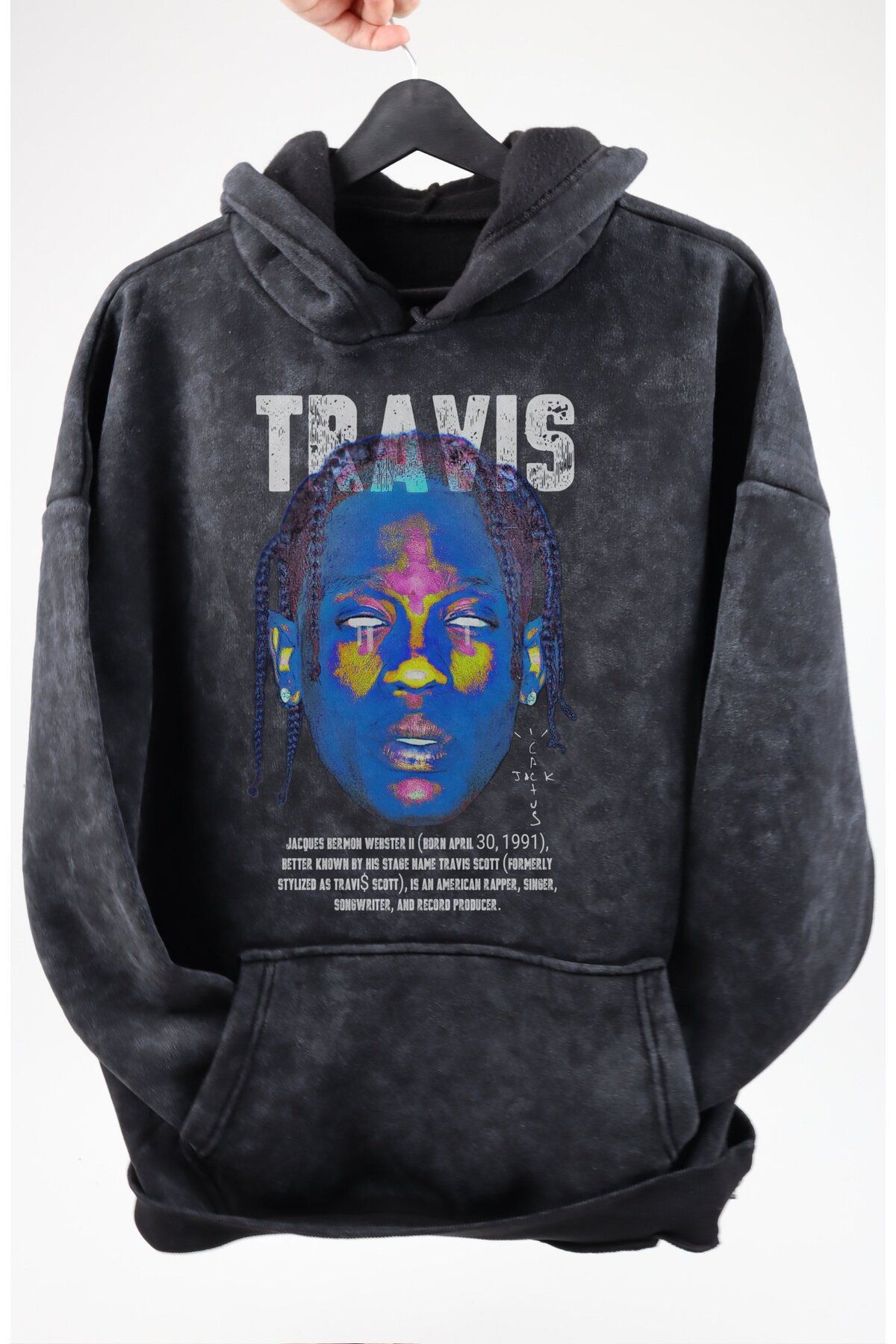 Fuddy Moda Oversize Travis Scott Baskılı Kapüşonlu Yıkamalı Sweatshirt, Unisex Rapper Temalı Retro Hoodie