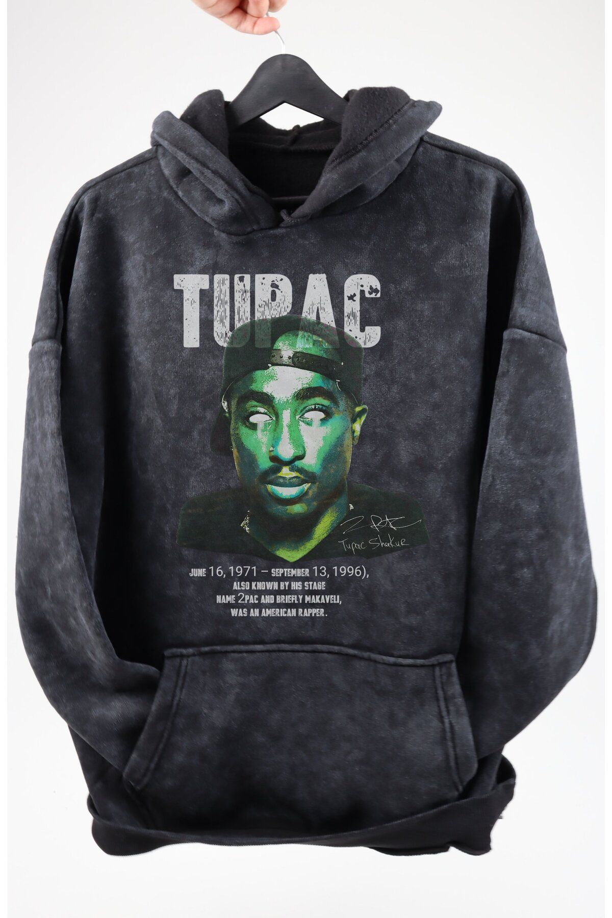 Fuddy Moda Oversize Tupac Shakur Baskılı Kapüşonlu Yıkamalı Sweatshirt, Unisex Rapper Temalı Eskitme Hoodie