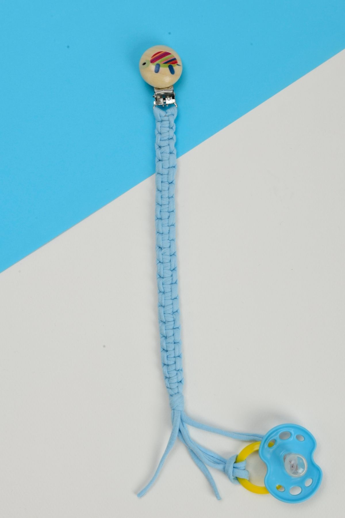 e&f Store-Blue Turtle - Natural Wooden Pacifier Strap Hand Knitted 1