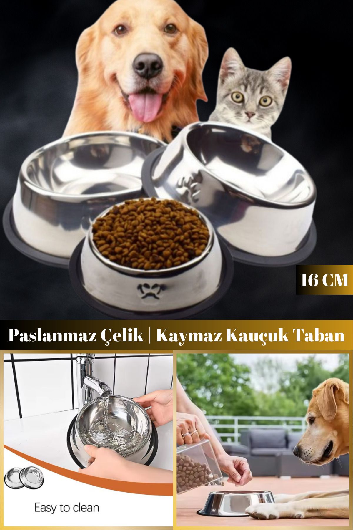 Hane Dostu 16 CM Paslanmaz Çelik | Kaymaz Kauçuk Taban Kedi Köpek Mama Kabı | Su Kabı