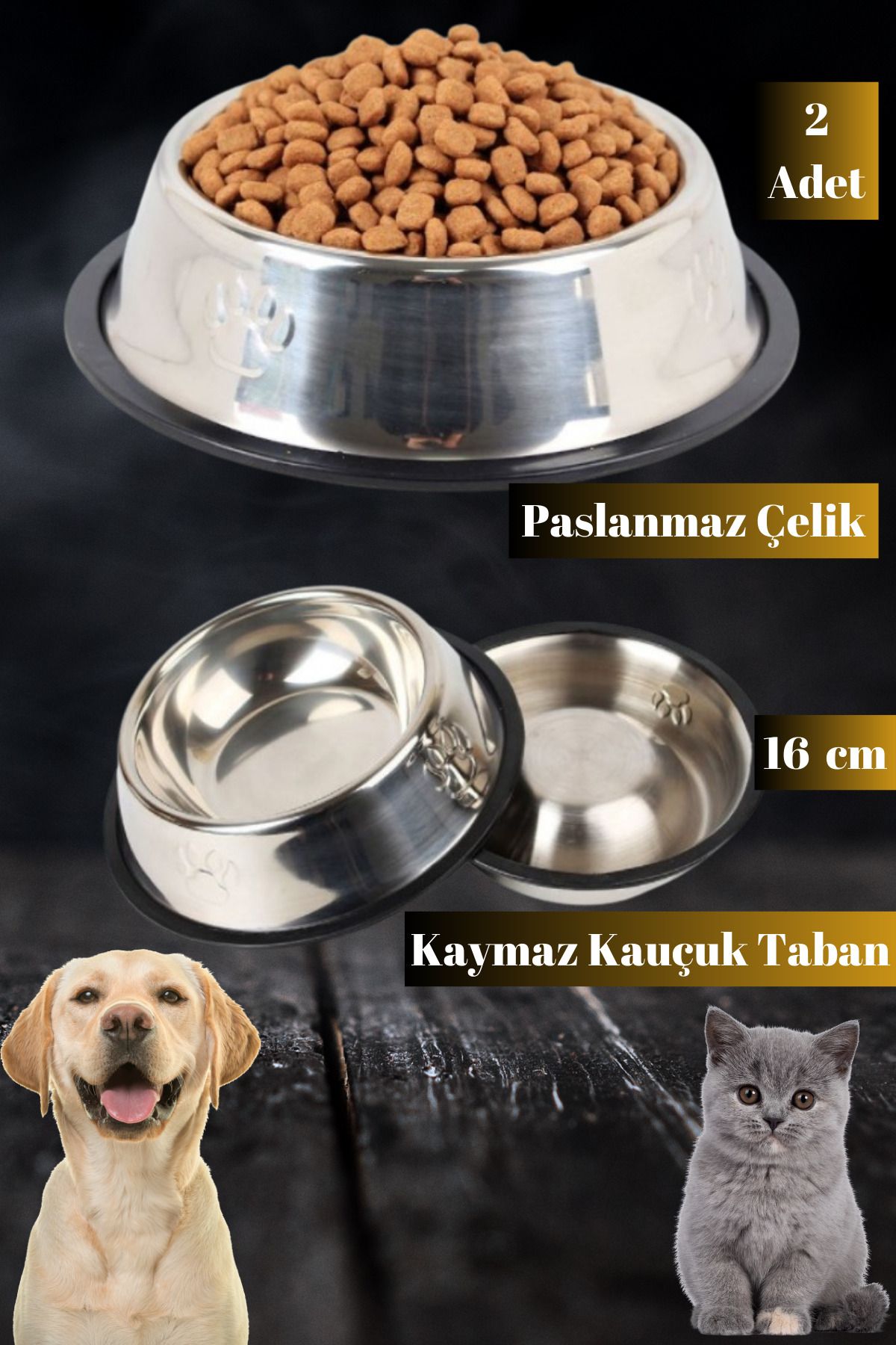 Hane Dostu 2 Adet 16 CM Paslanmaz Çelik | Kaymaz Kauçuk Taban Kedi Köpek Mama Kabı | Su Kabı