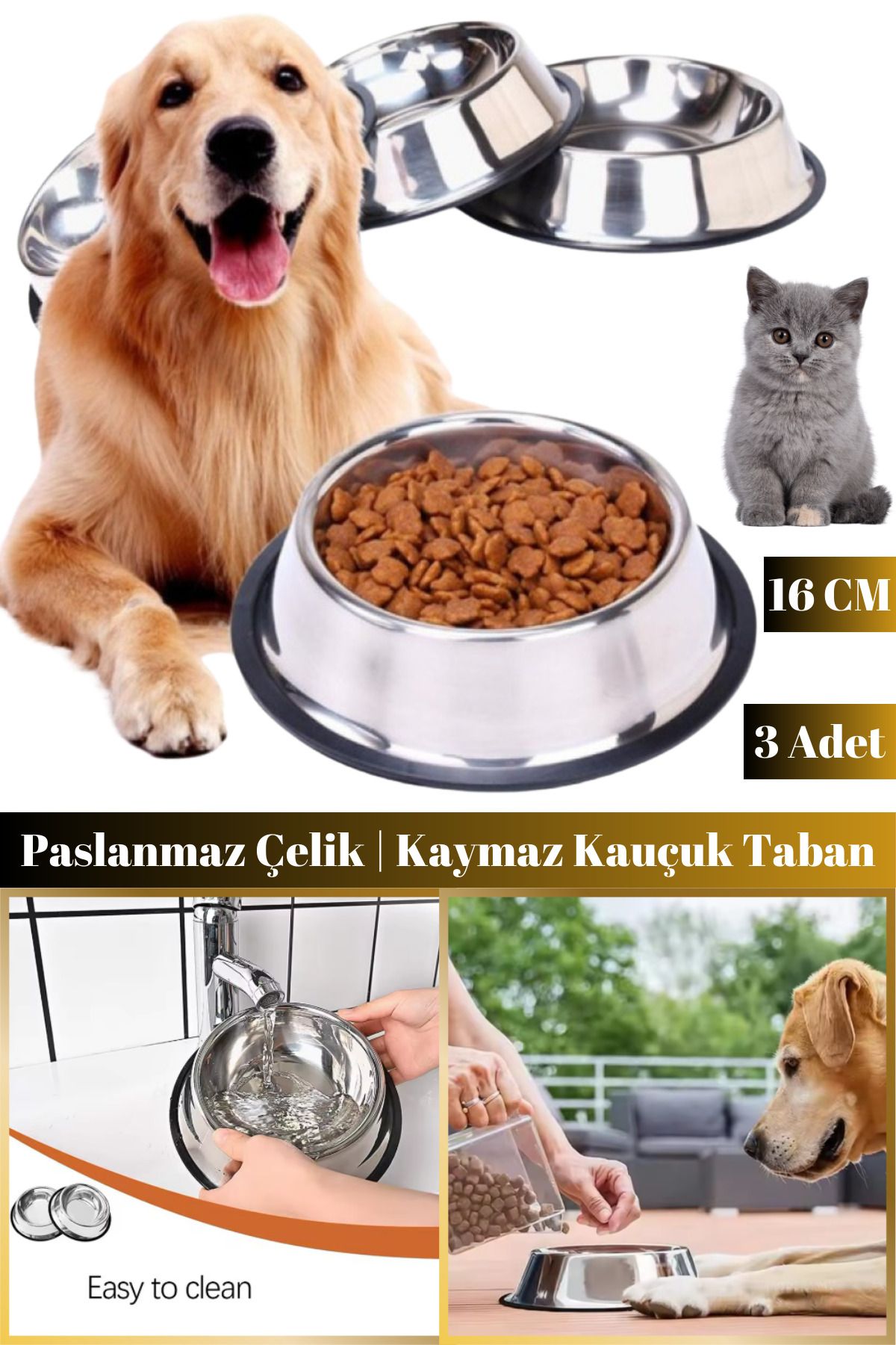 Hane Dostu 3 Adet 16 CM Paslanmaz Çelik | Kaymaz Kauçuk Taban Kedi Köpek Mama Kabı | Su Kabı