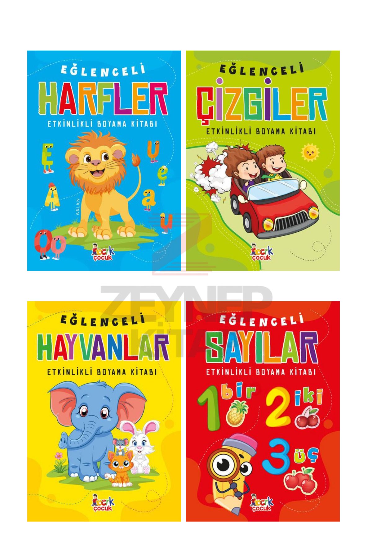 Bıcırık Çocuk Eğlenceli Harfler - Çizgiler - Hayvanlar - Sayılar Etkinlikli Boyama Kitabı 4 Kitap Set