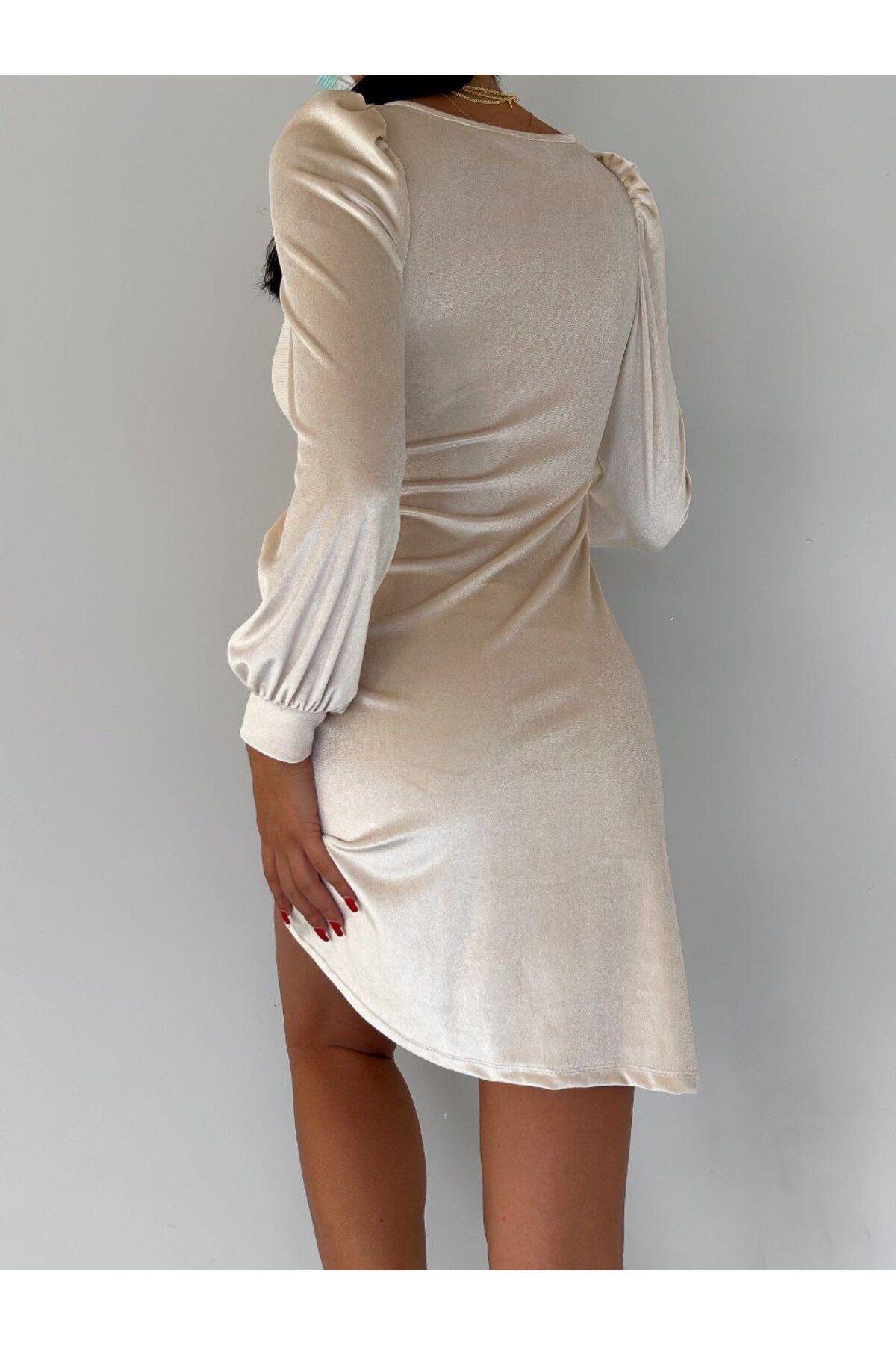 WEAR AND WEAR Women's Beige V-Neck Princess Sleeve Long Sleeve