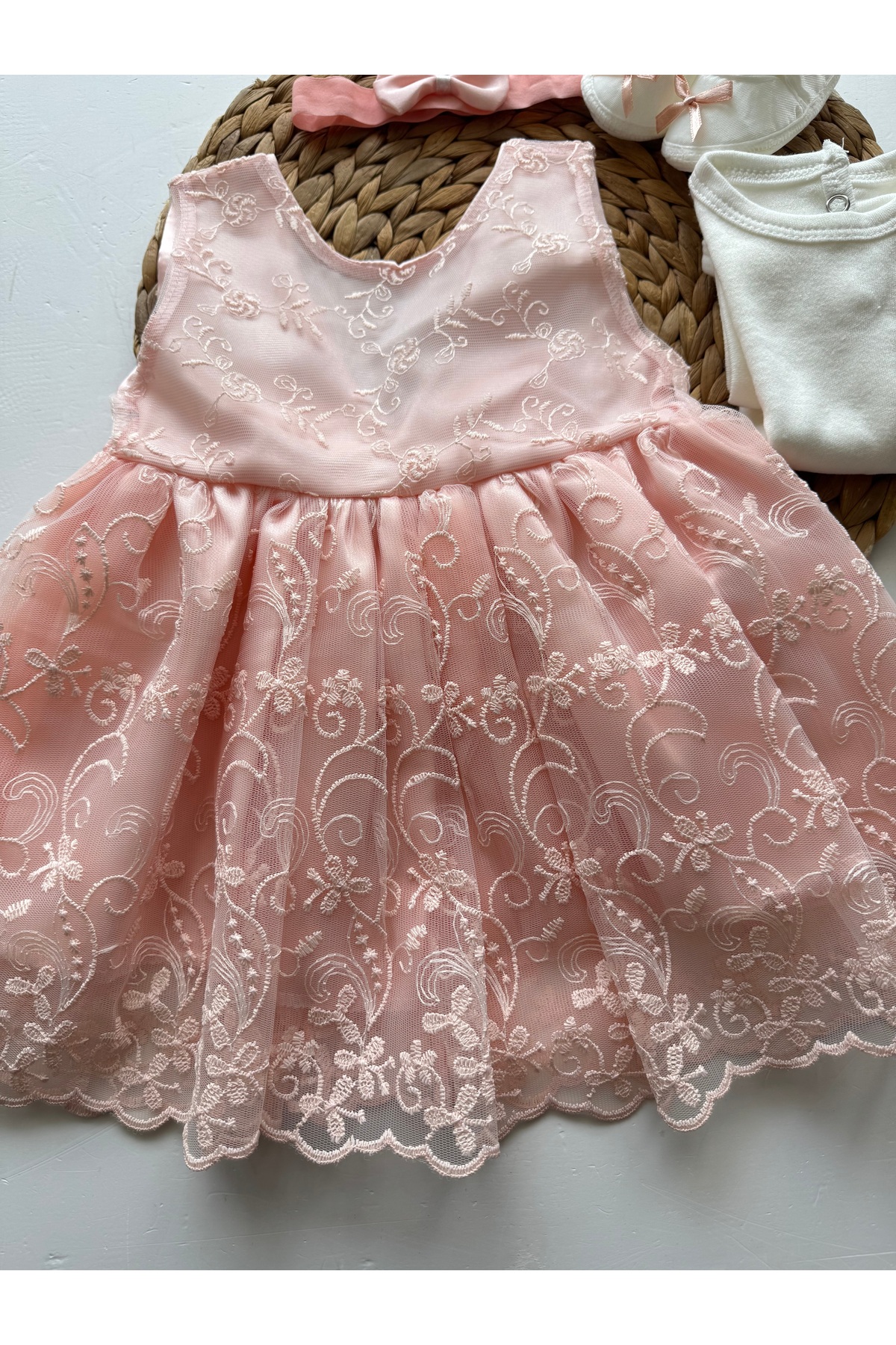 PİLEKİ BABY ( 4 Parça ) 0 4 Ay Yenidoğan Bebek Mevlüt Elbisesi Prenses Elbise Dantelli Kız Bebek Elbisesi fotoğrafı 3 (önizleme)