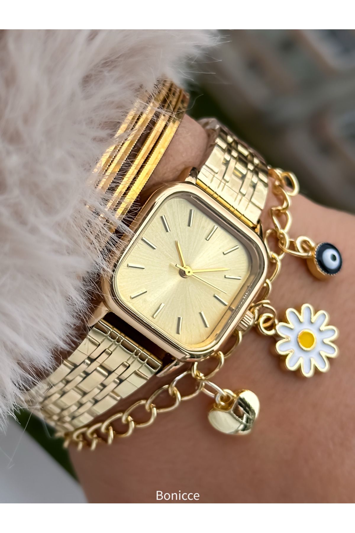 Bonicce-Gold Retro Minimal Square Dial Women's Wrist Watch and Bracelet in Special Box with Gift 5