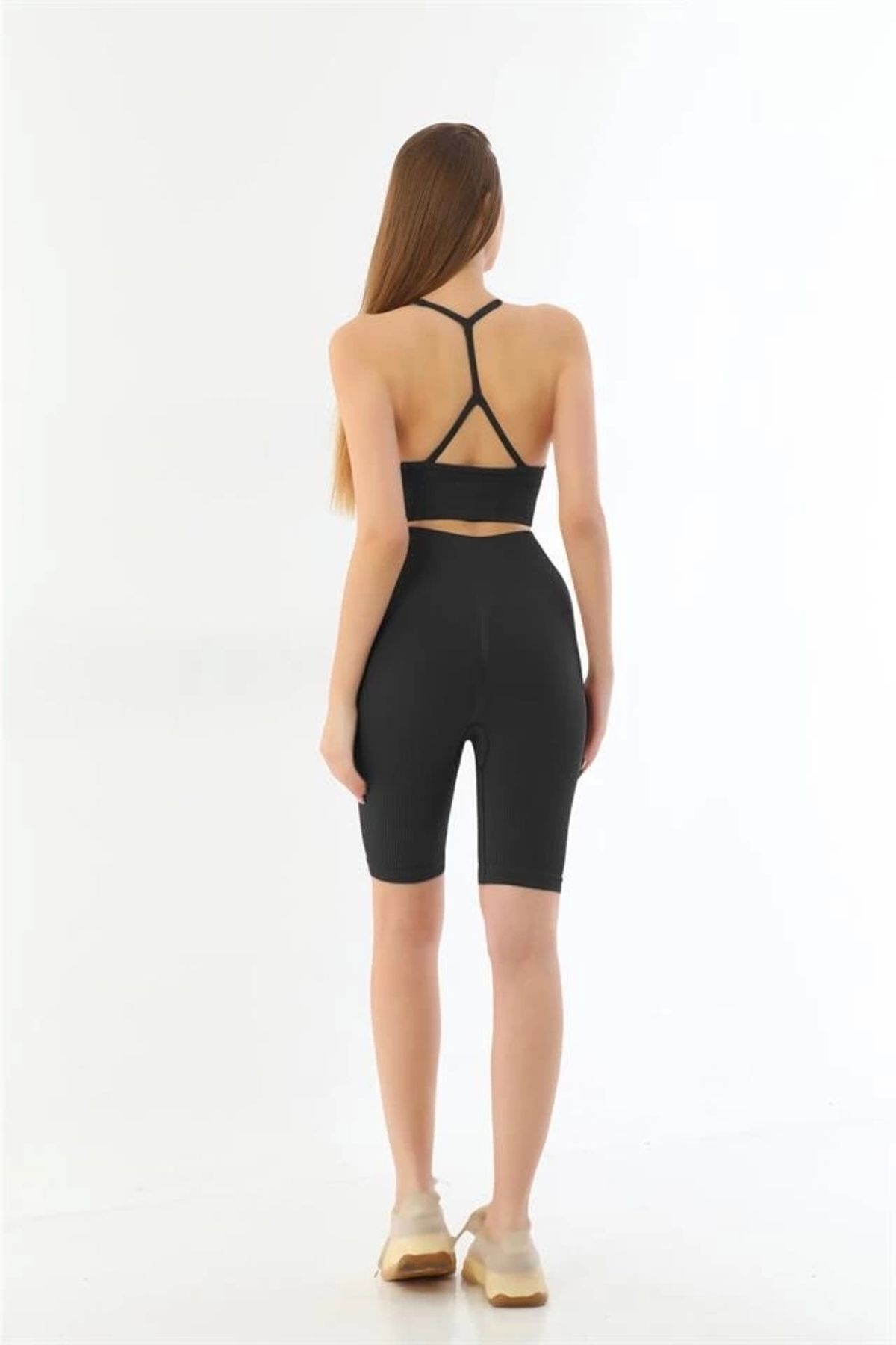 fevien Siyah Mı 3921 Soft Seamless Ripli Tayt Yoga Takımı