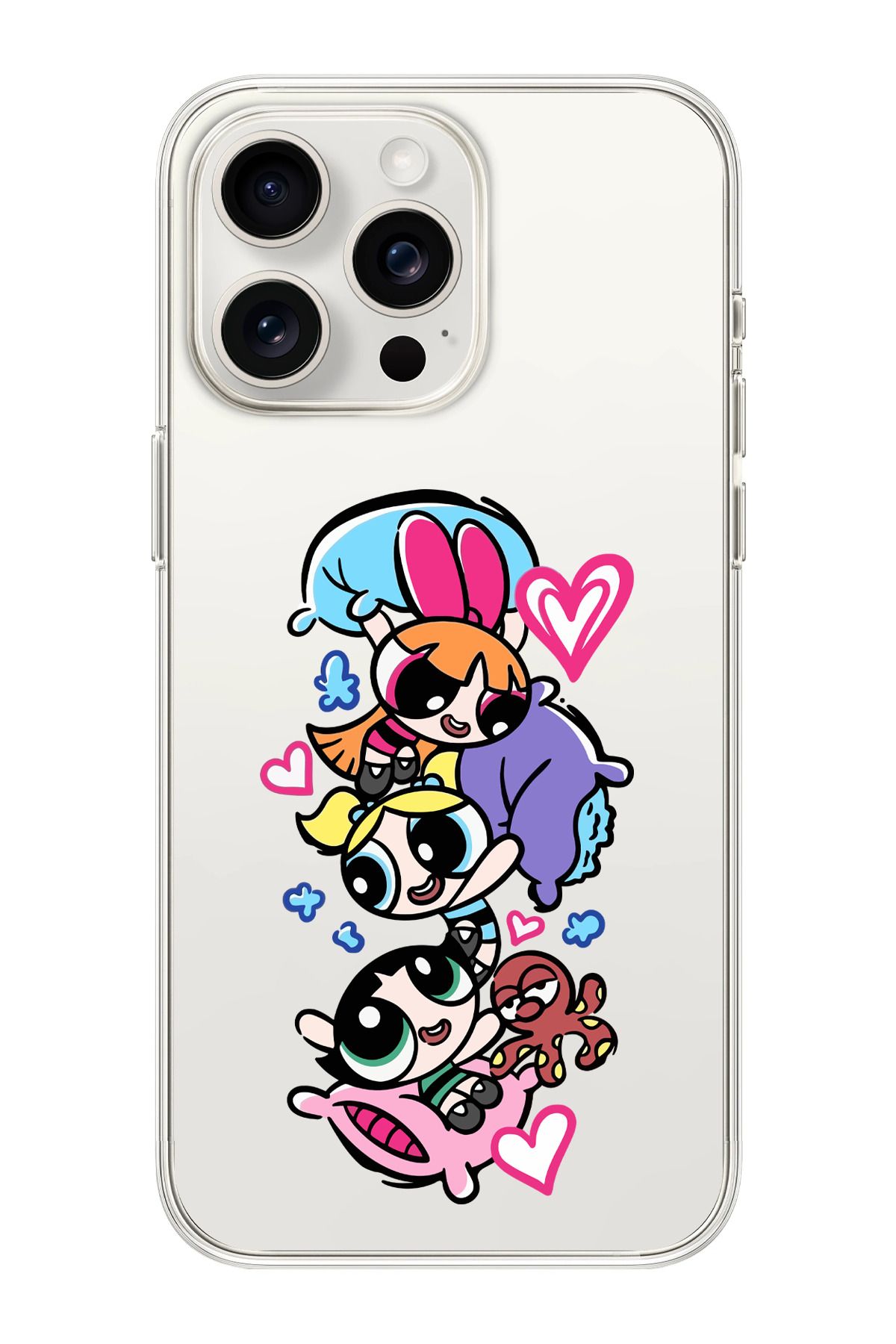 moonset Iphone 15 Pro Max Uyumlu Powerpuff Girls Tasarımlı Baskılı Şeffaf Telefon Kılıfı