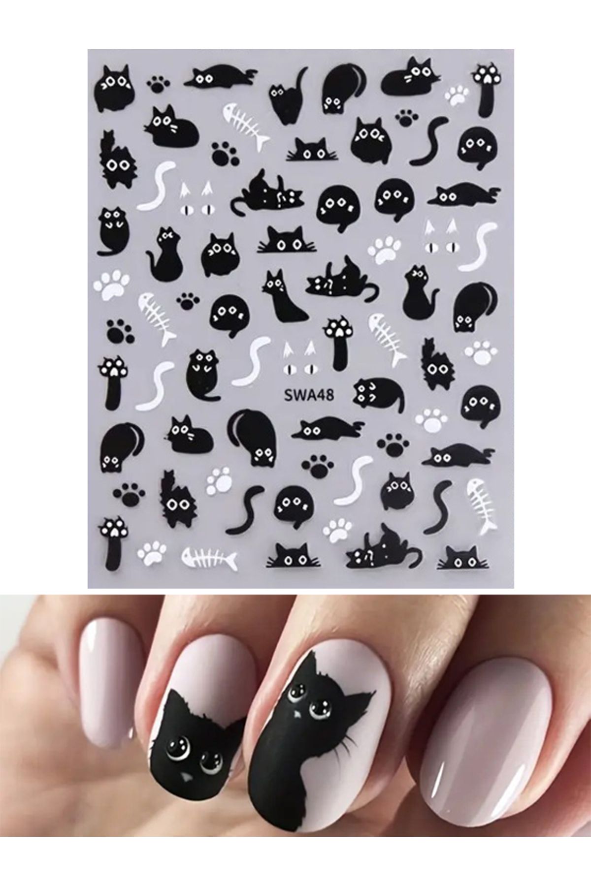 Noor Design Kedili Tırnak Çıkartması, Kedili Nail Sticker, Patili Tırnak Dövmesi, Nail Sticker