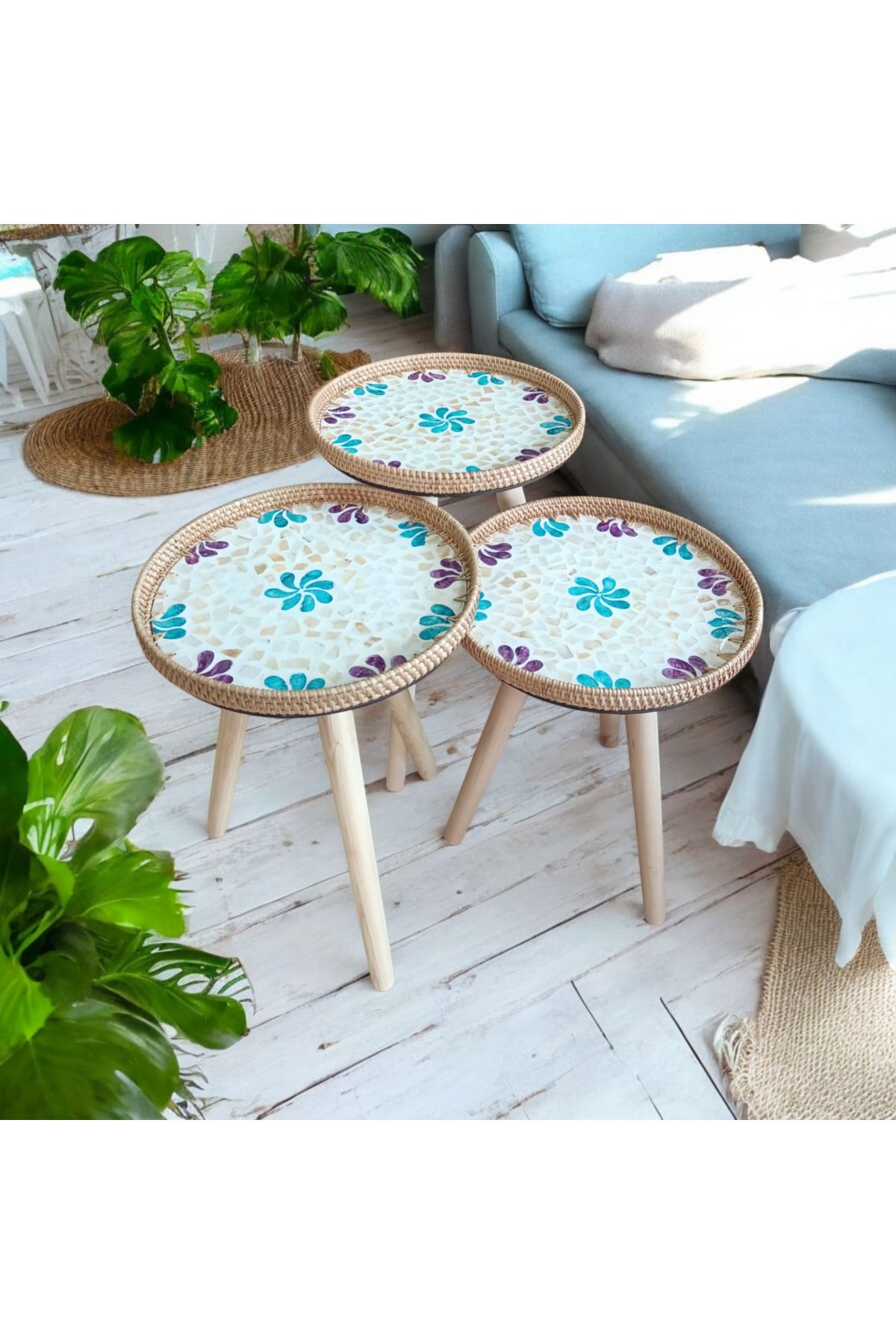 Toprak Design Üçlü( 35cm çap) Bohem Sedef Mozaik kaplama Rattan Zigon sehpa, Bohem Tasarım Rattan Ahşap yan sehpa