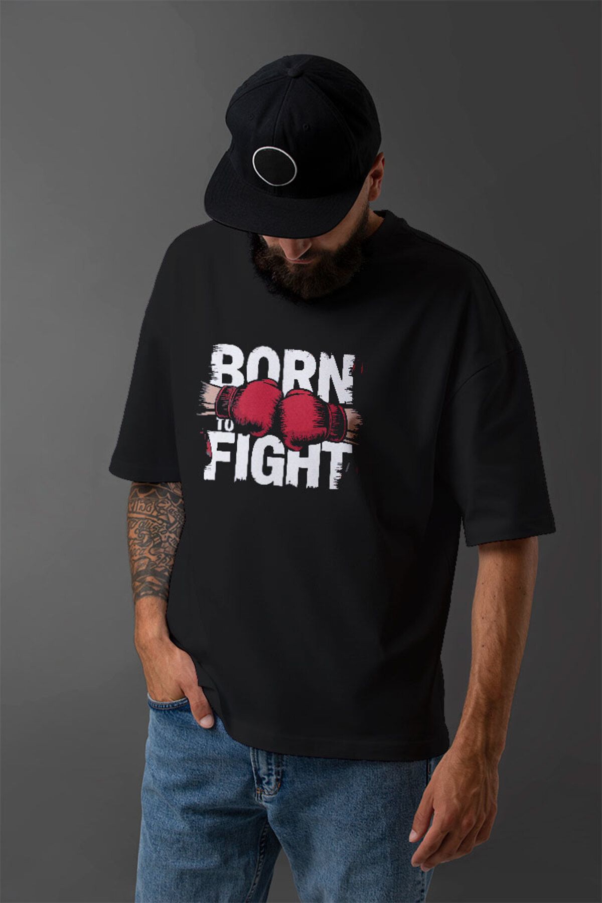 COOLANDBASIC Born To Fight Boxer  Baskılı Siyah Oversize Erkek Tişört