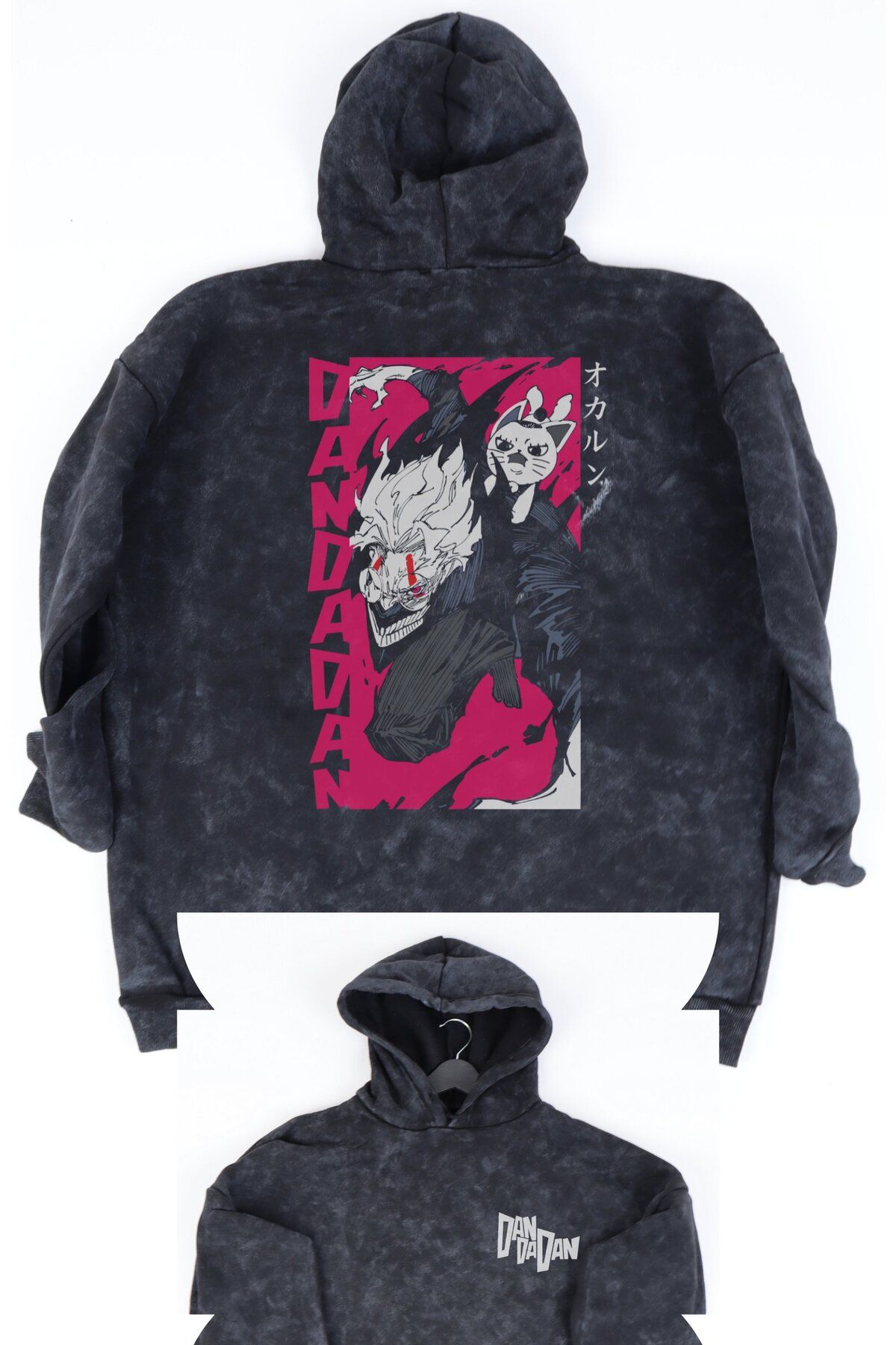 Fuddy Moda Oversize Okarun ve Turbo Granny Sırt Baskılı Kapüşonlu Yıkamalı Sweatshirt, Dandadan Anime Hoodie