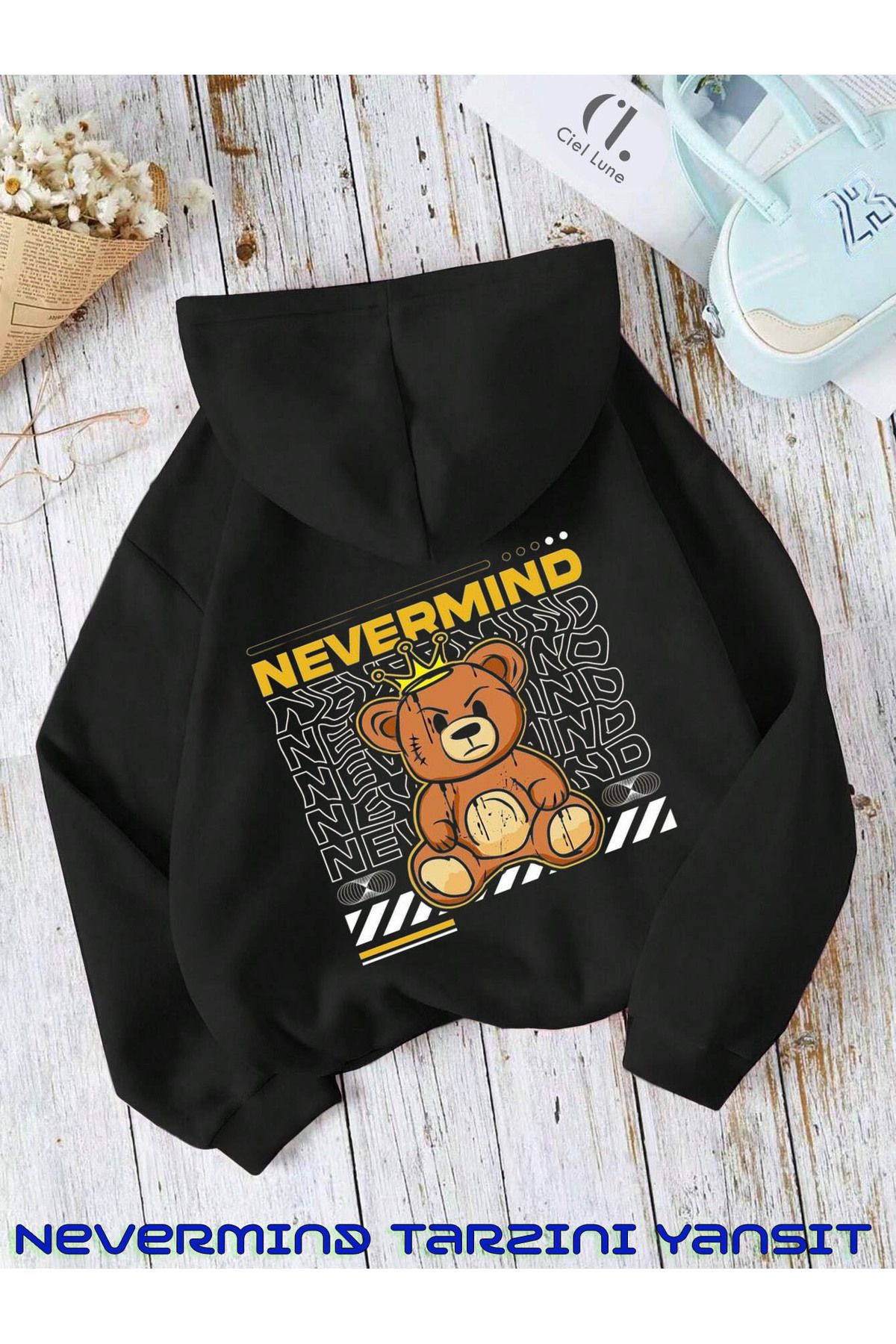 NEVERMIND Unisex Nevermind Bear Baskılı Oversize Baskılı Kapşonlu Sweatshirt 3 Iplik