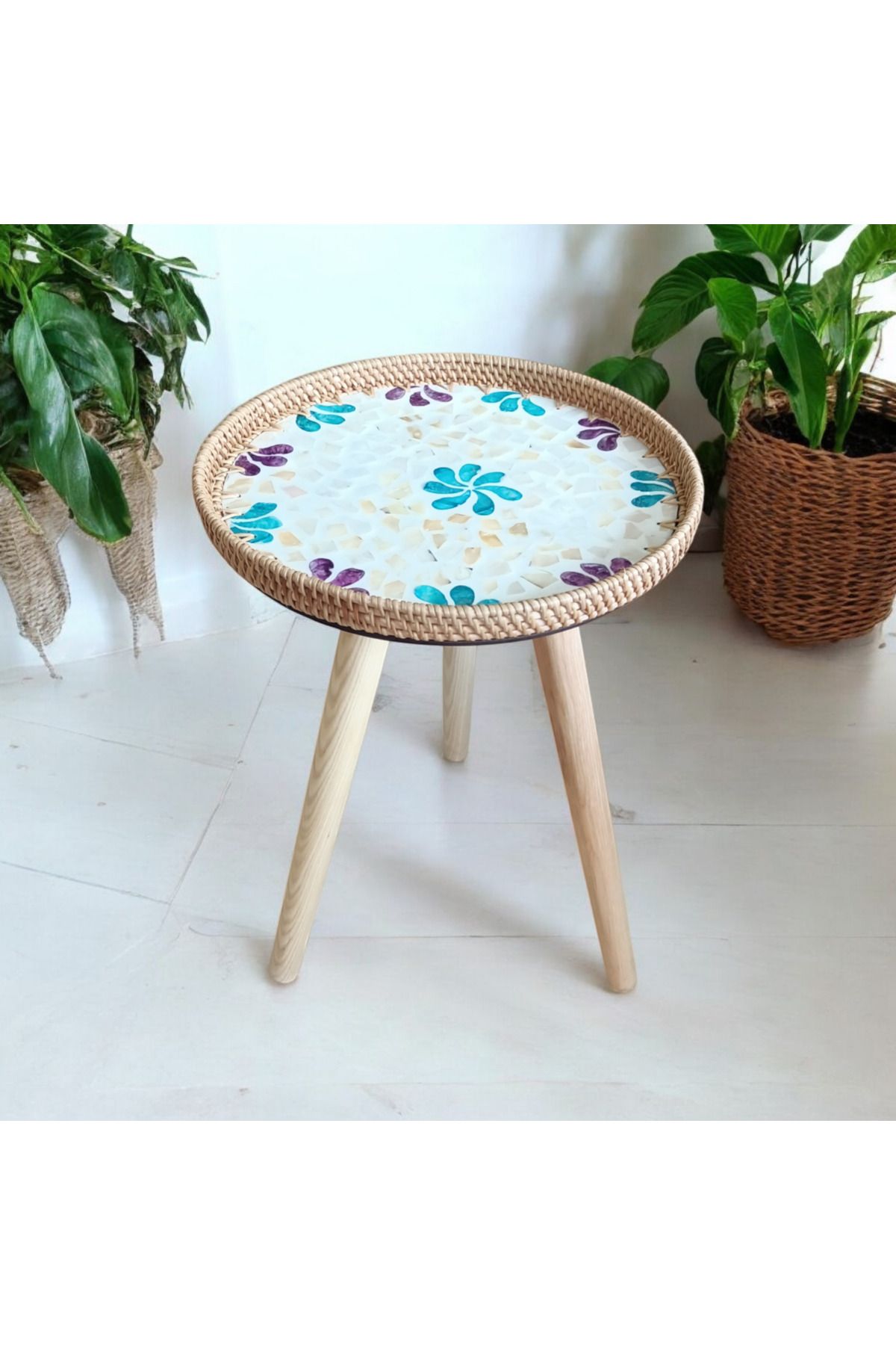 Toprak Design Tekli(35cm çap) Sedef Mozaik kaplamalı Rattan yan Sehpa, Bohem orta sehpa, Tasarım rattan zigon