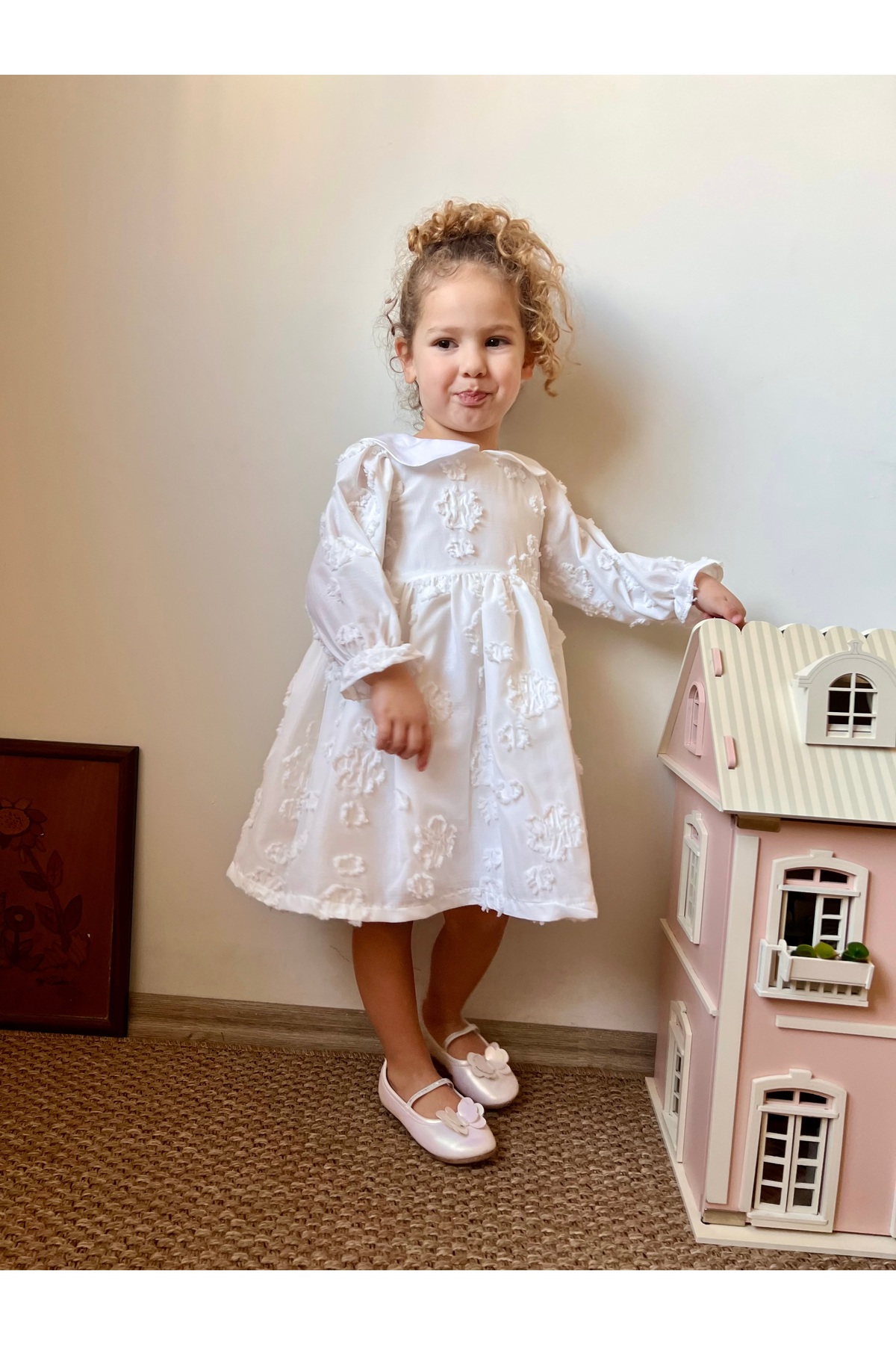 penu baby kids Beyaz Gül Figürlü Mevsimlik Pamuk Astarlı Uzun Kollu Kız Çocuk Kız Bebek Elbise fotoğrafı 2 (önizleme)