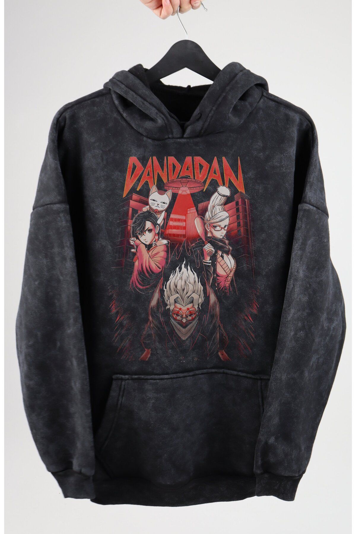 Fuddy Moda Oversize Dandadan Karakterleri Baskılı Kapüşonlu Yıkamalı Sweatshirt, Unisex Anime Temalı Hoodie