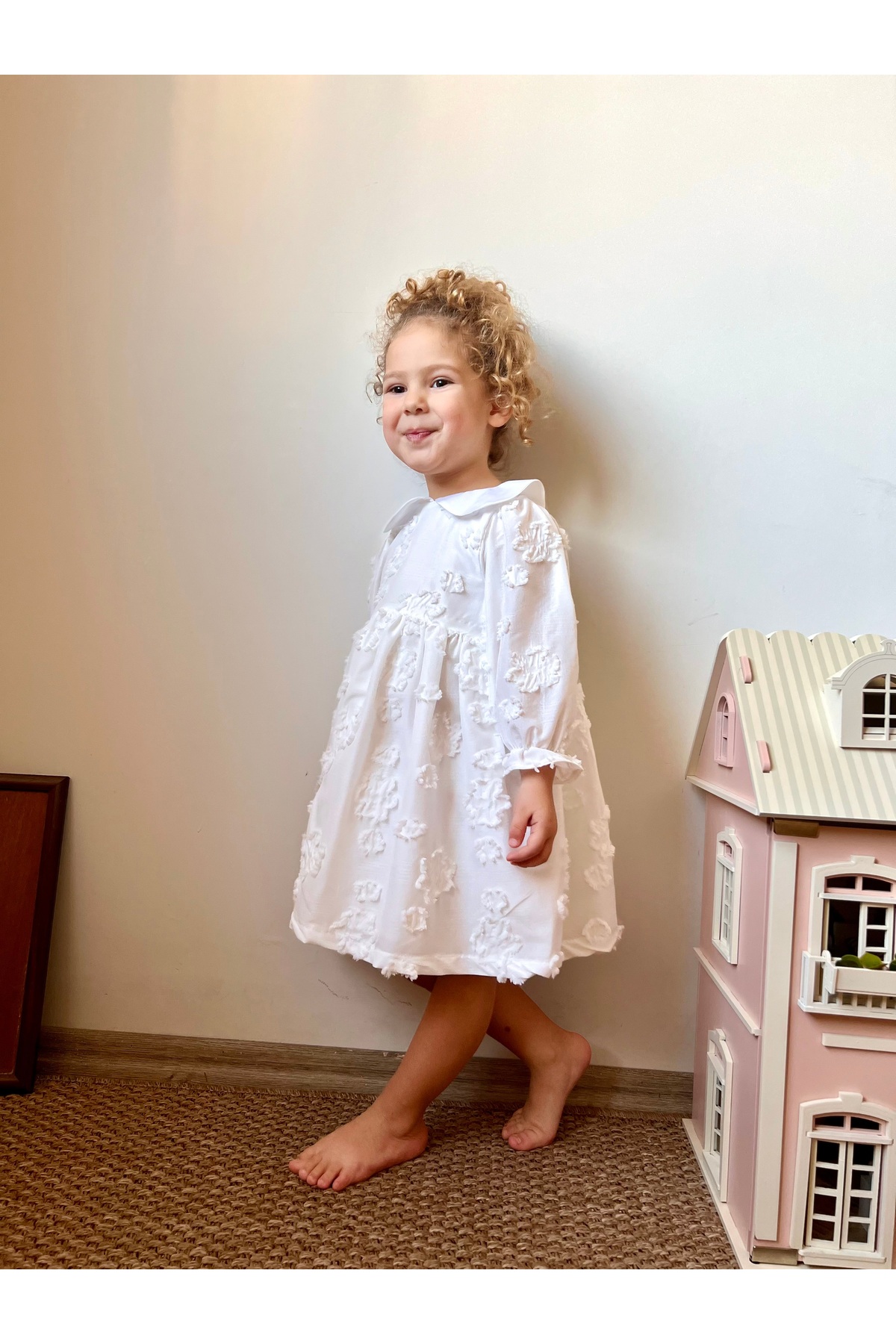 penu baby kids Beyaz Gül Figürlü Mevsimlik Pamuk Astarlı Uzun Kollu Kız Çocuk Kız Bebek Elbise fotoğrafı 6 (önizleme)