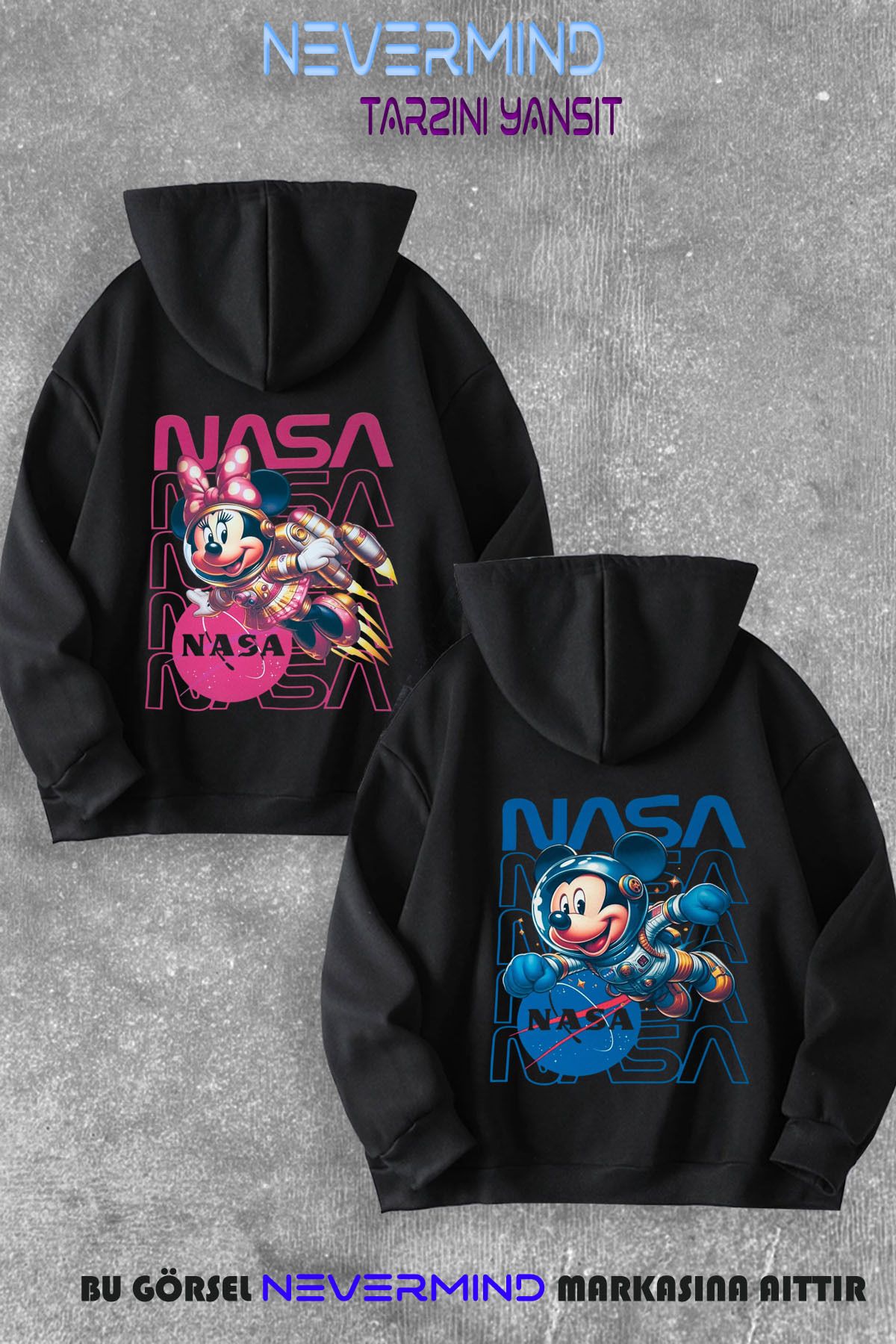 NEVERMIND Sevgili & Arkadaş Çift Kombini Mickey ve Minnie Mouse Nasa Baskılı Kapüşonlu Sweatshirt 2li Takım