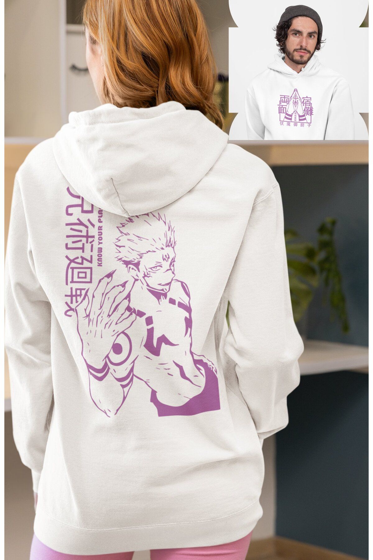 Fuddy Moda Oversize Purple Sukuna Sırt Baskılı Kapüşonlu Sweatshirt, Unisex Jujutsu Kaisen Anime Hoodie