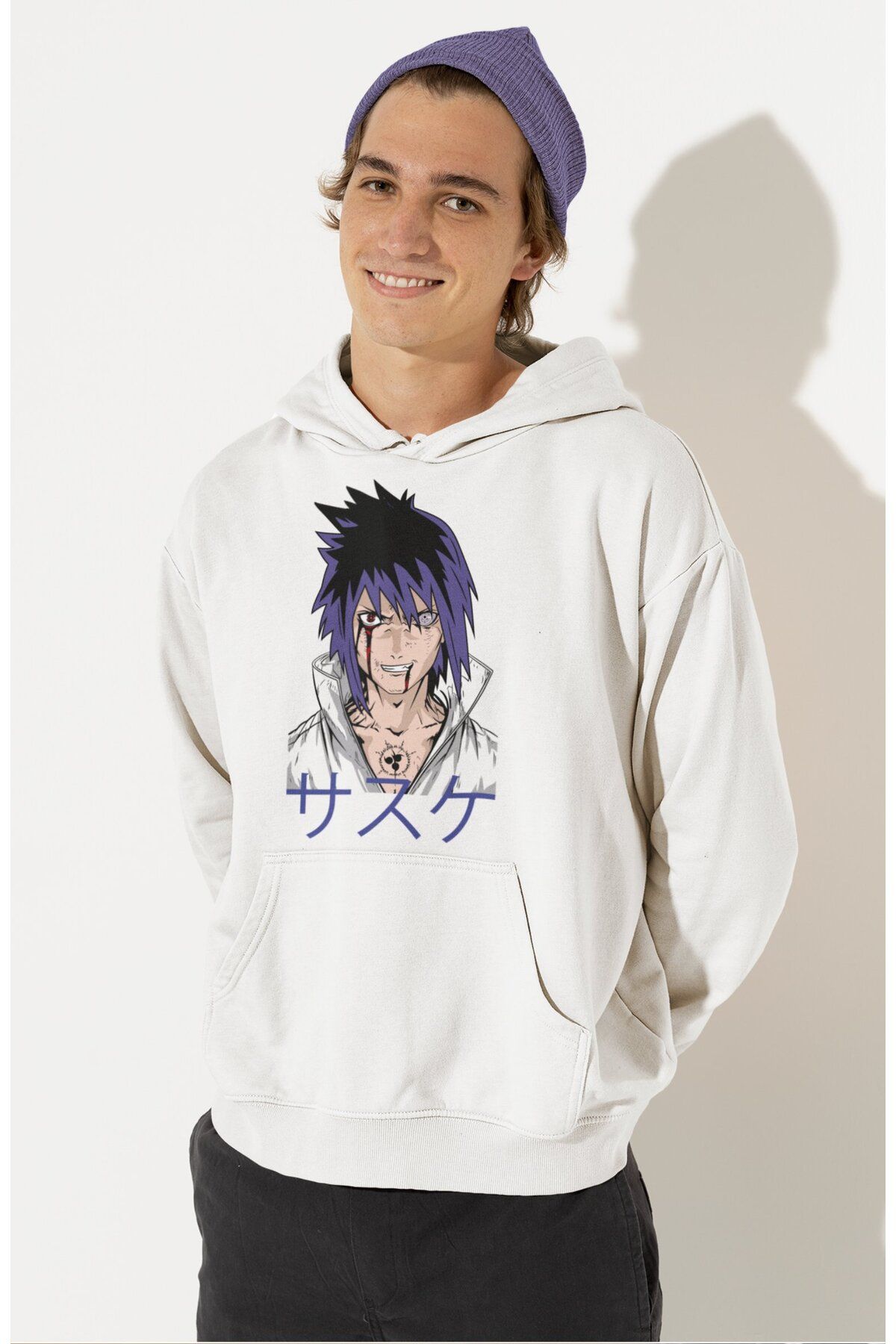 Fuddy Moda Oversize Uchiha Sasuke Baskılı Kapüşonlu Sweatshirt, Unisex Anime Temalı Hoodie