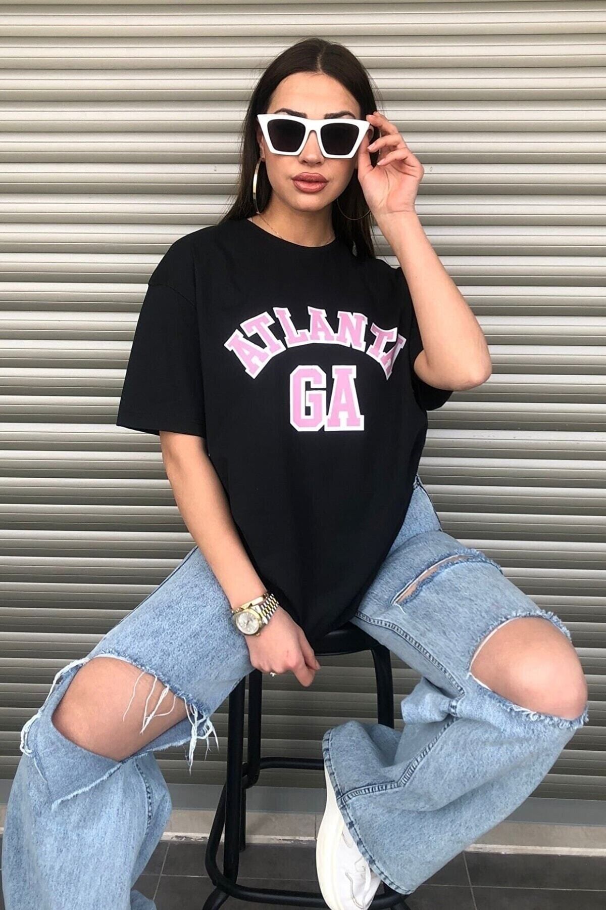 MODASOKAK Kadın Atlanta Pembe Yazı Baskılı Oversize T-shirt