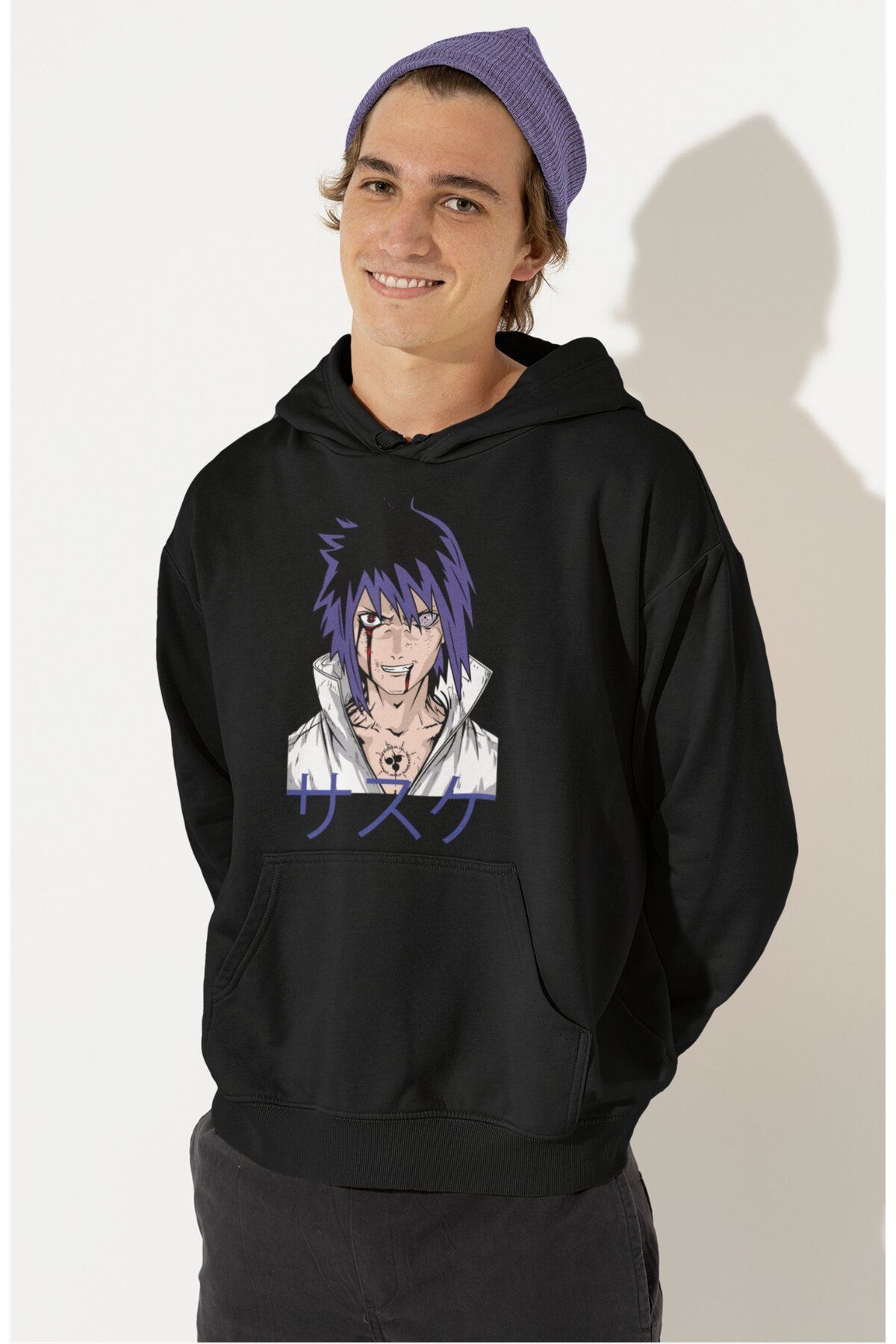 Fuddy Moda Oversize Uchiha Sasuke Baskılı Kapüşonlu Sweatshirt, Unisex Anime Temalı Hoodie