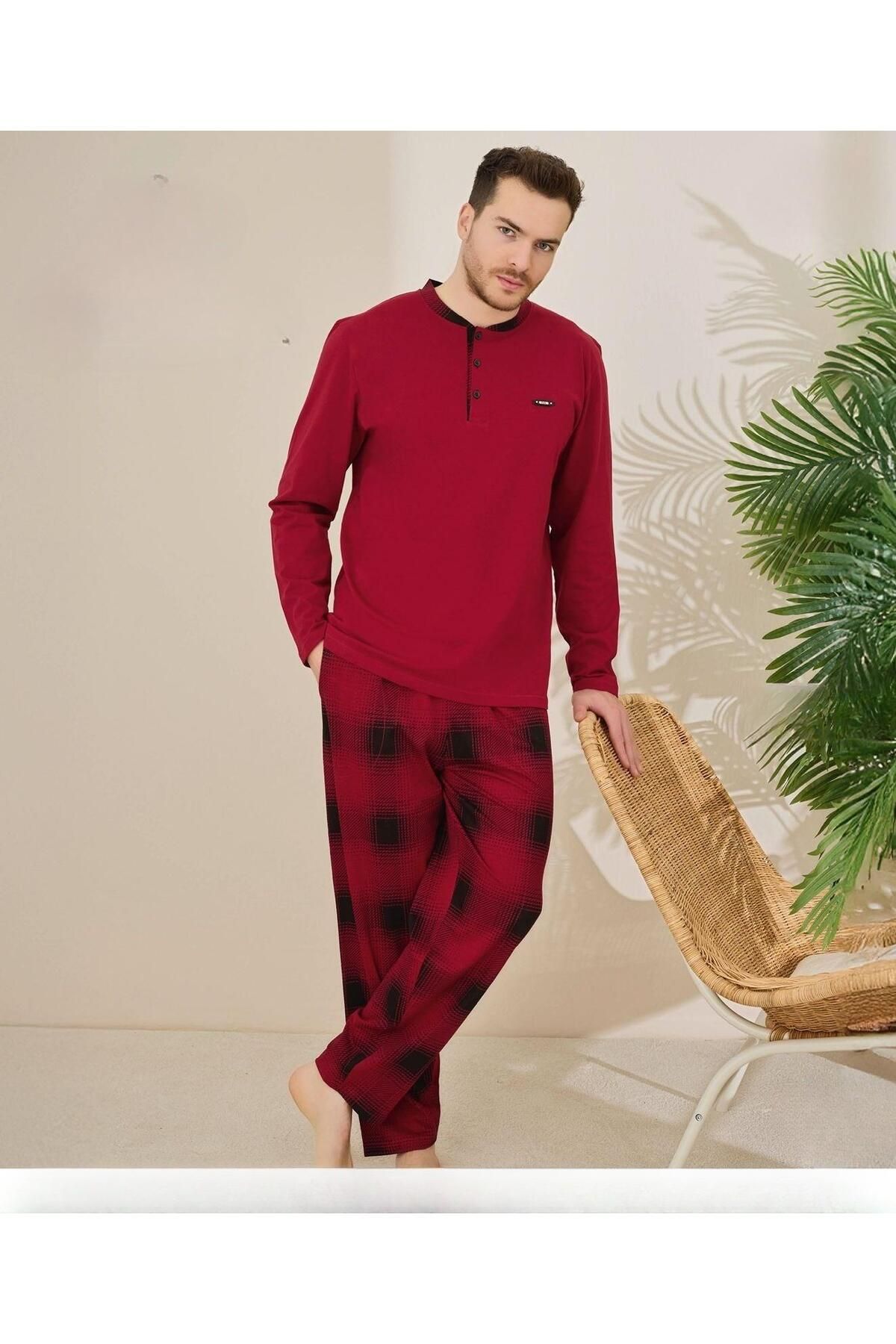 Pijamoni Erkek Pamuklu Düğme Yaka Uzun Kol İnce Pijama Takımı 100/7 - 1 Adet