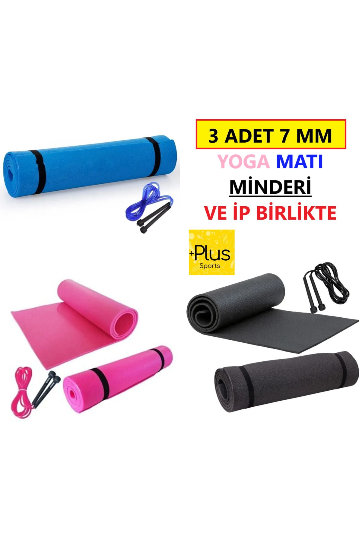 PLUSSPORT 3 ADET 7 MM MAT VE ATLAMA İPİ SET ( SİYAH MAVİ PEMBE )