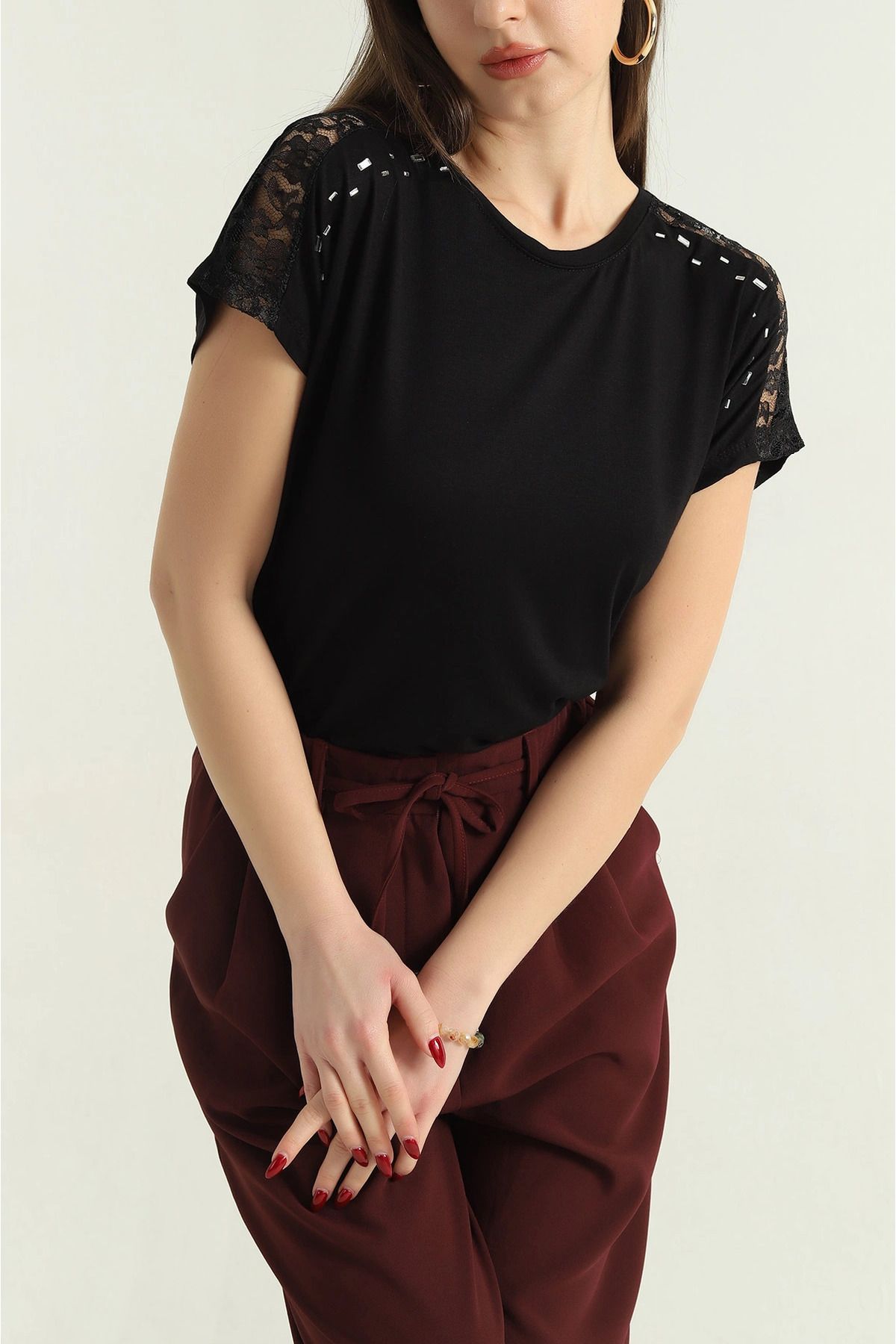 vuvutasarım-New Season Black Laced Stone Viscose Blouse 3