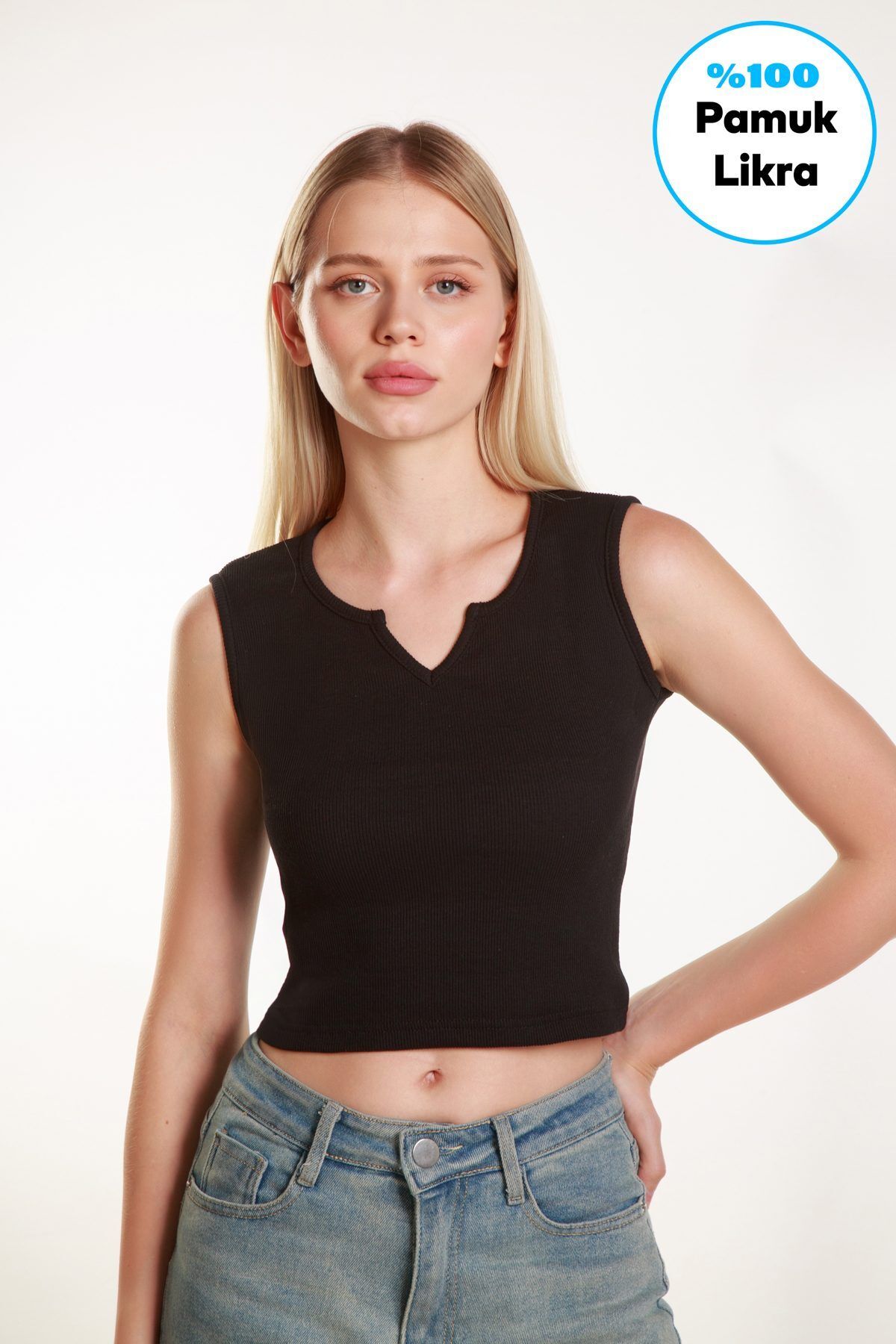 FS STORE Kadın Crop V Yaka Fitilli Likralı Sıfır Kollu Atlet Tshirt Bluz