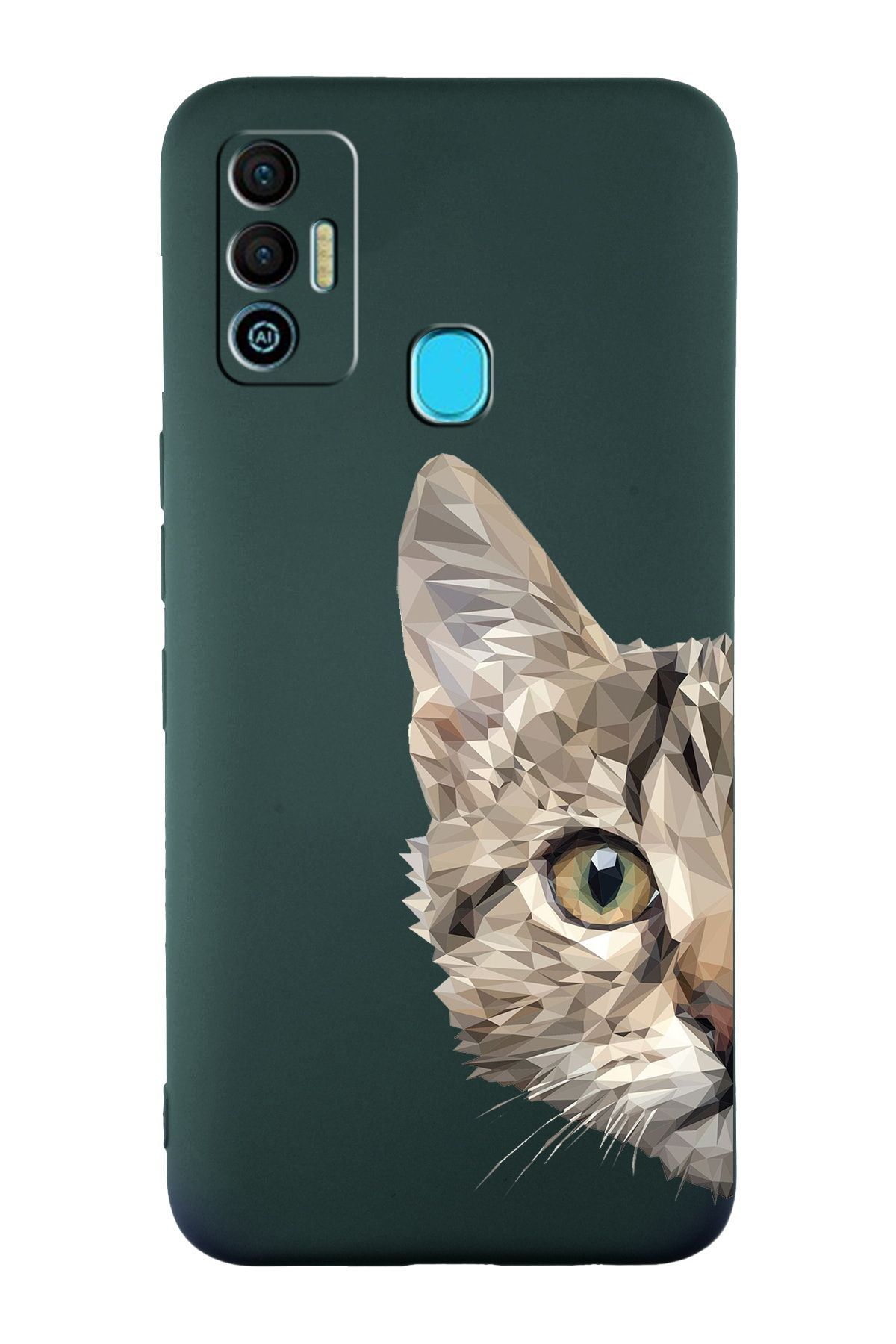 PrintiFy Tecno Spark 7 ile Uyumlu Catface Tasarımlı Yeşil Lansman Kılıf