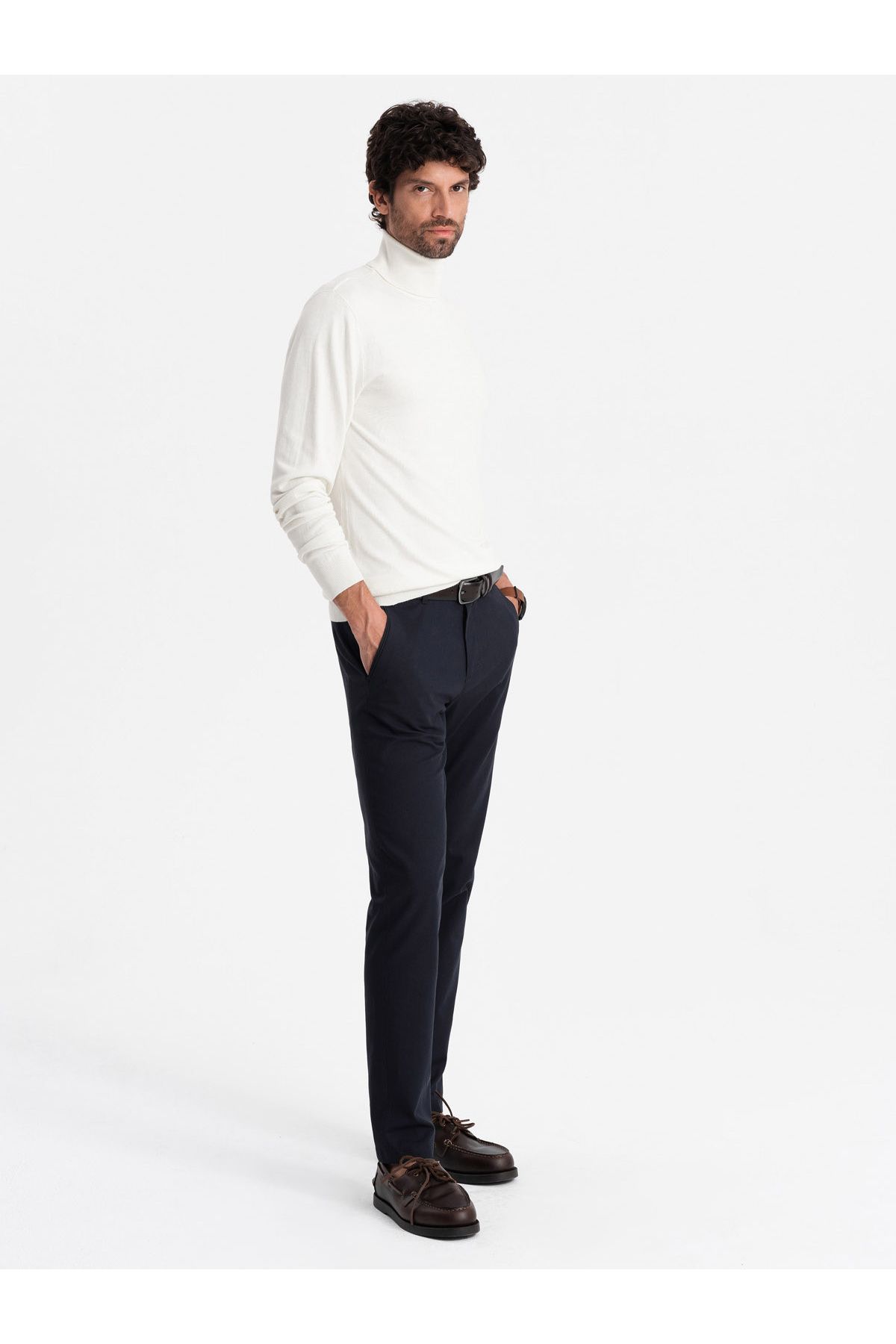 OMBRE-Men's knitted fitted turtleneck with viscose - ecru V3 OM-SWTN-0101 XL 3