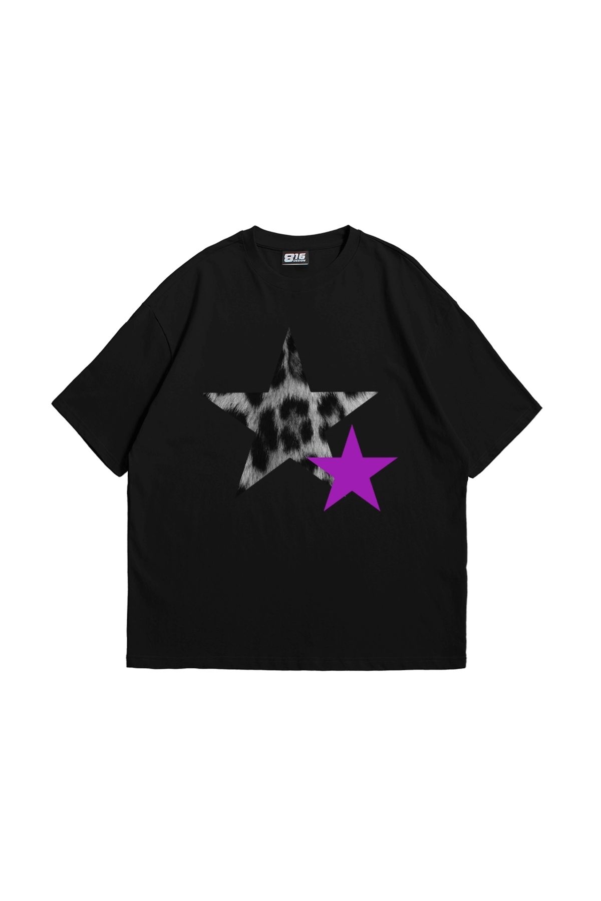 Bak Moda Y2k Leopar Starz "V2" Baskılı Oversize Unisex Siyah Tshirt