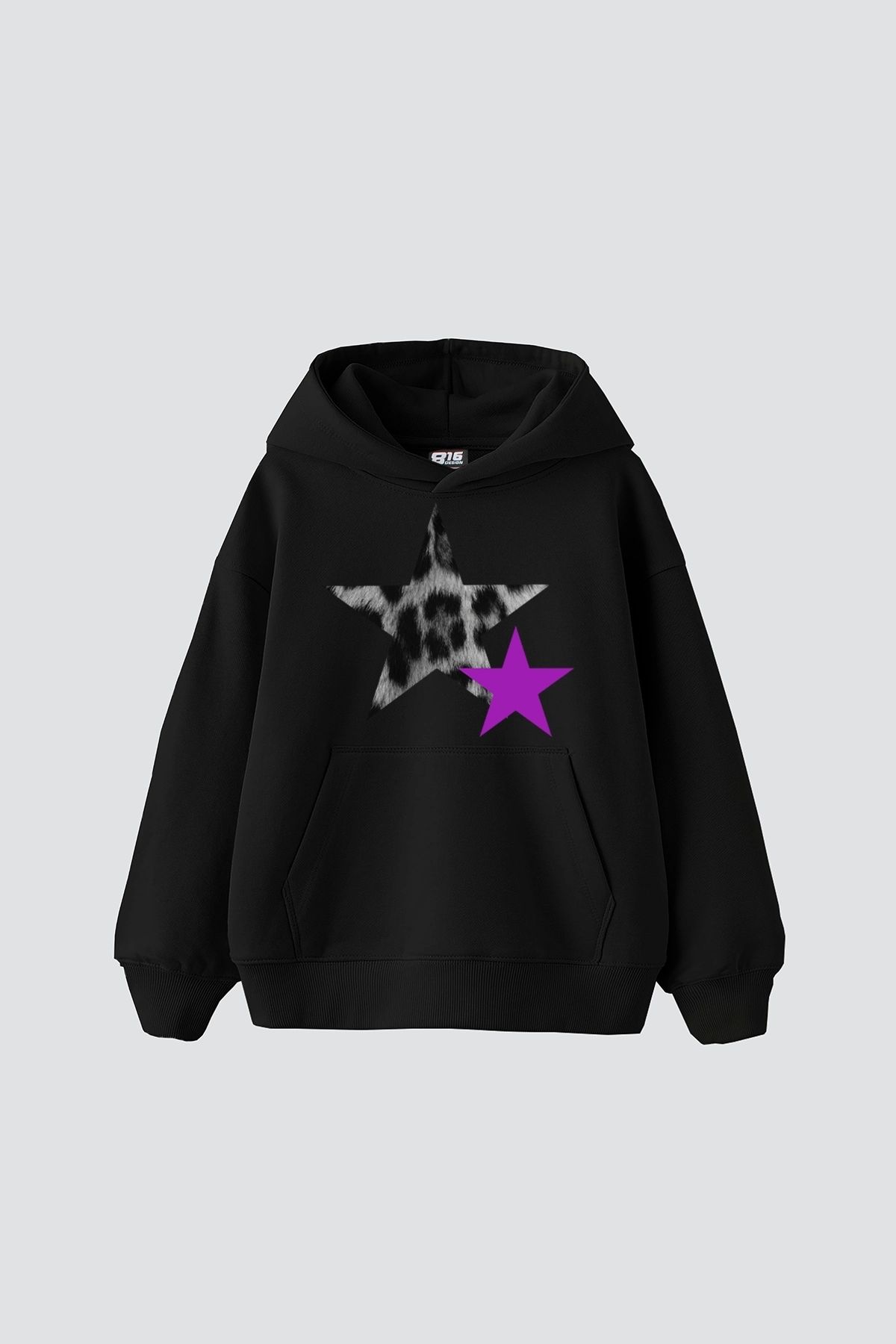 Bak Moda Y2k Leopar Starz "V2" Baskılı Oversize Unisex Siyah Hoodie