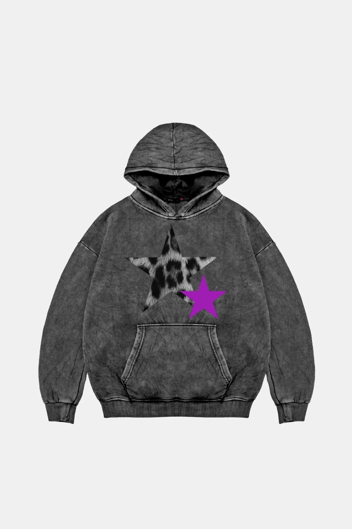 Bak Moda Y2k Leopar Starz "V2" Baskılı Oversize Unisex Yıkamalı Siyah Hoodie