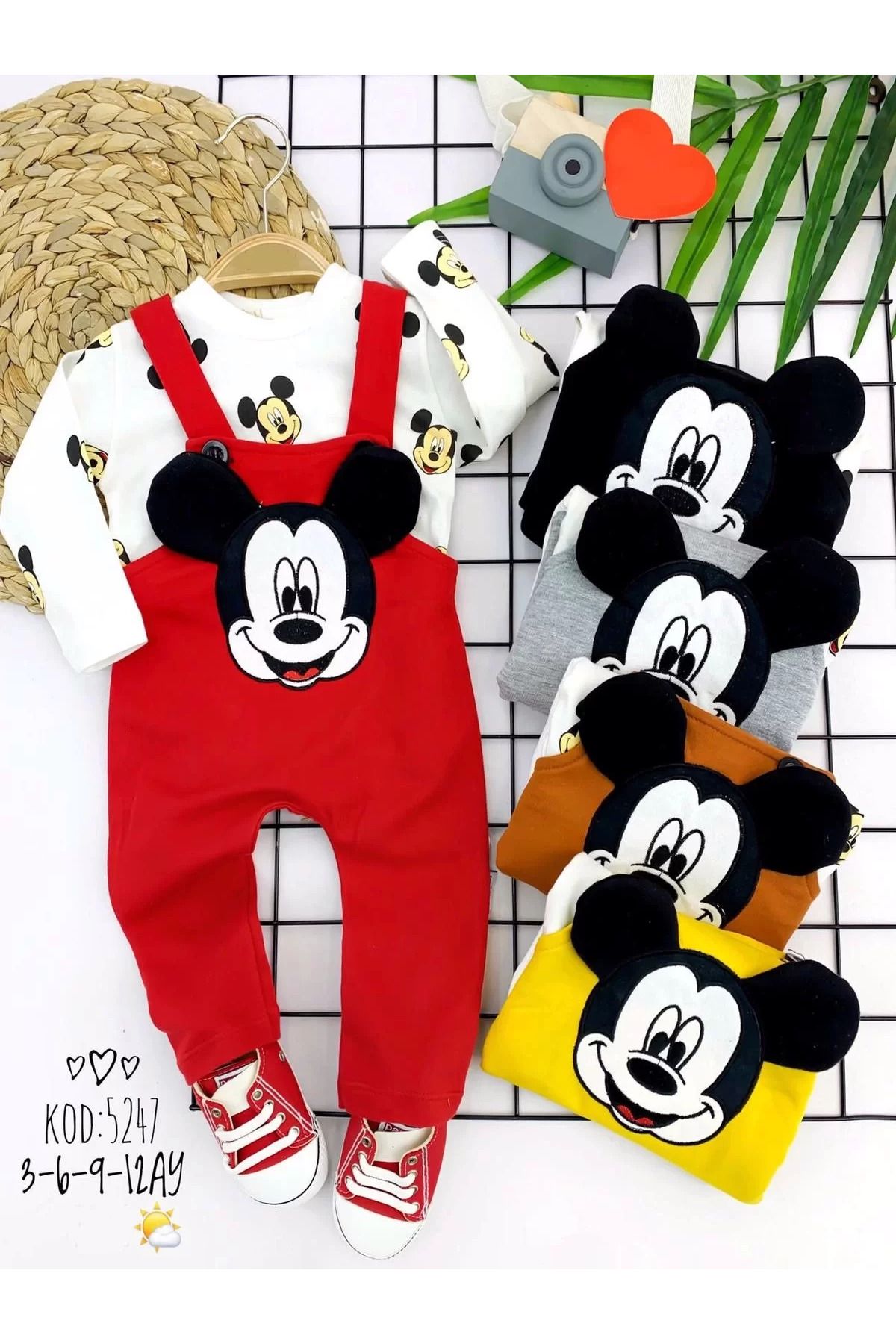 FS STORE Mickey Figürlü Uzun Kollu Baskılı Sweatli 2li Kız Erkek Bebek Salopet Takımı Kırmızı