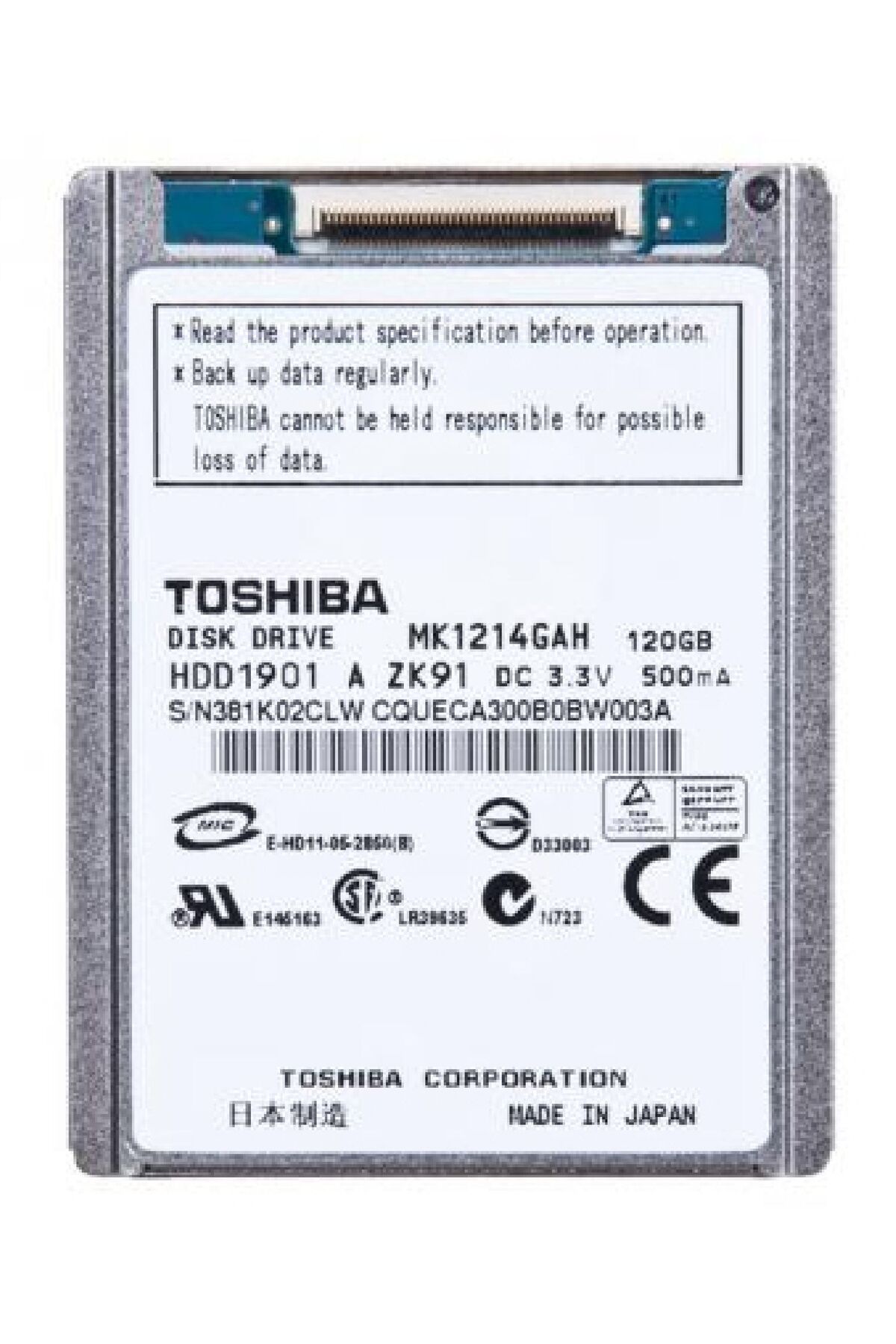 Toshiba MK1214GAH 120GB 1.8" 500mA HDD1901 Disk