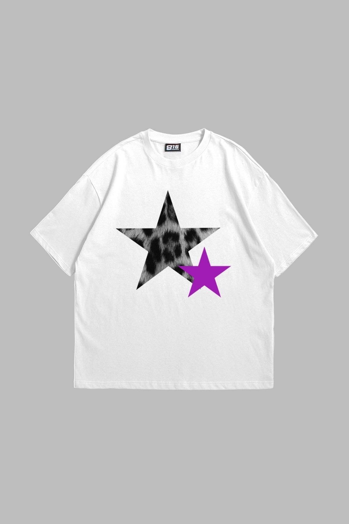 Bak Moda Y2k Leopar Starz "V2" Baskılı Oversize Unisex Beyaz Tshirt