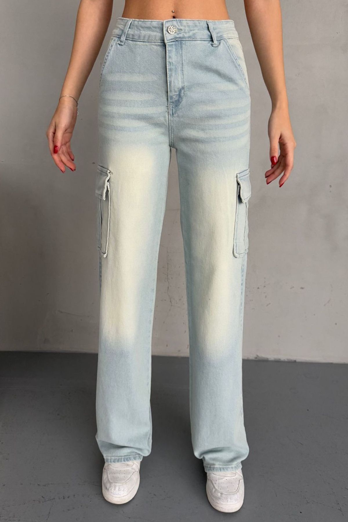 Vivika Wide Leg Geniş Paça Uzun Boy Kargo Cepli Pamuklu Esnek Fermuarlı Yüksek Bel Denim Jean Cool Pantolon