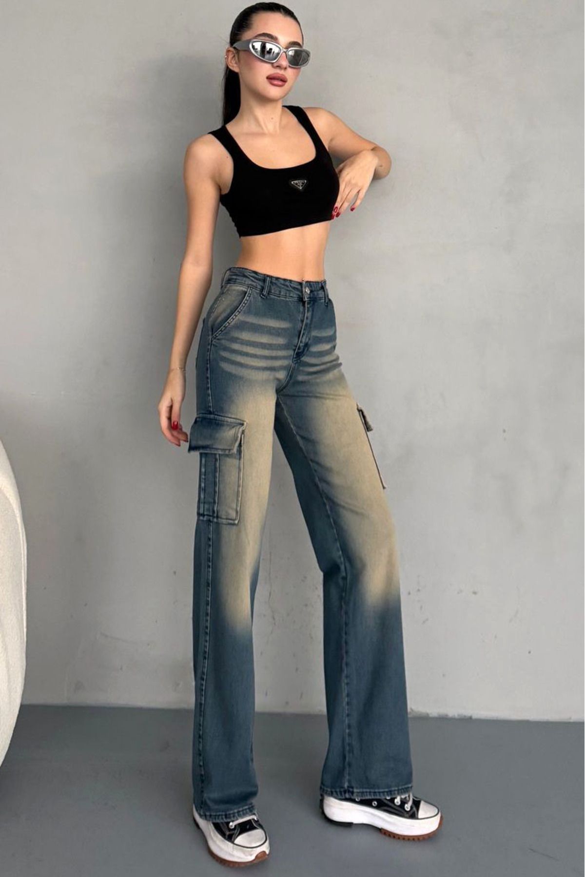 Naliru Yüksek Bel Pamuklu Fermuarlı Vintage Yıkamalı 6 Cepli Wide Leg Geniş Paça Kargo Denim Jean Pantolon