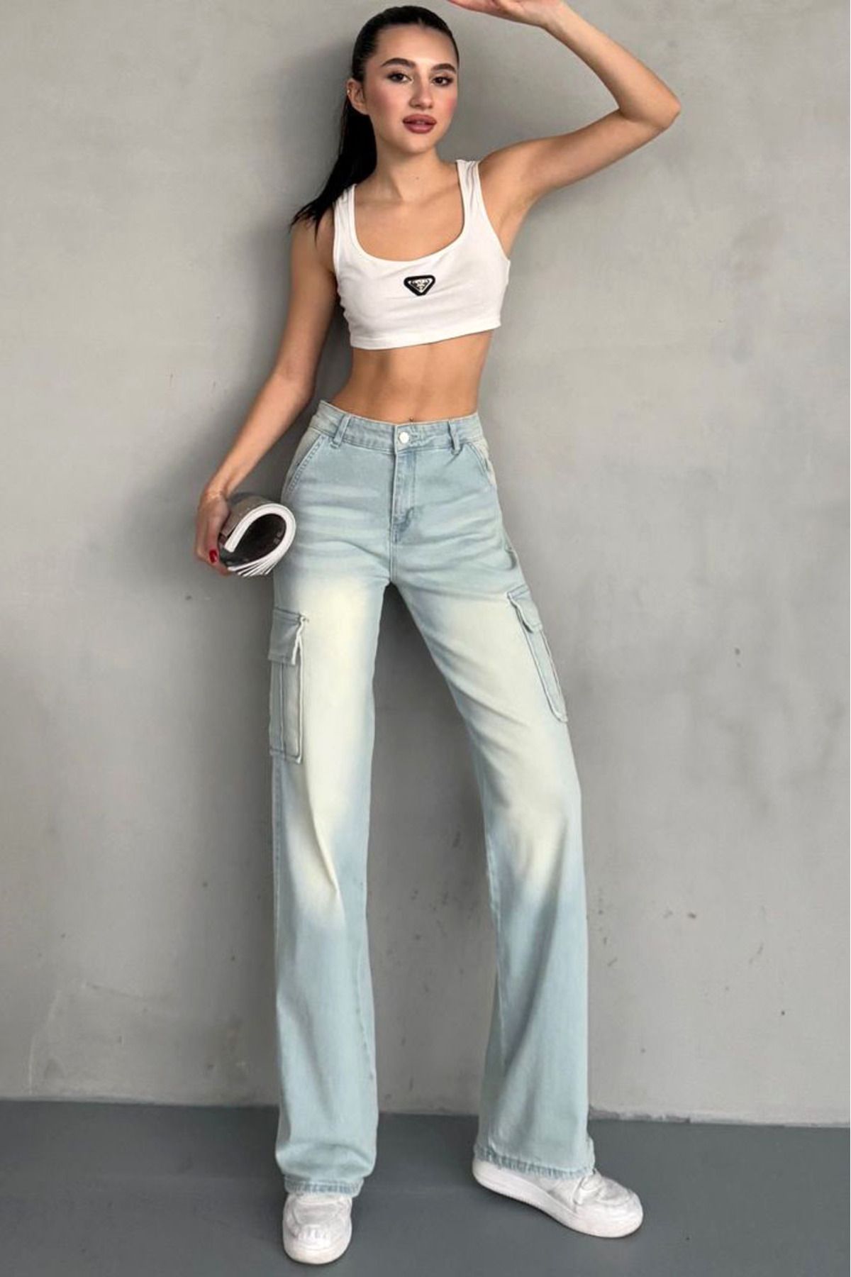 Naliru Yüksek Bel Pamuklu Fermuarlı Vintage Yıkamalı 6 Cepli Wide Leg Geniş Paça Kargo Denim Jean Pantolon