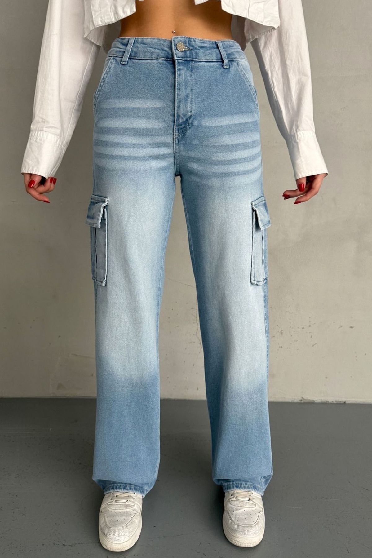 Vivika Wide Leg Geniş Paça Uzun Boy Kargo Cepli Pamuklu Esnek Fermuarlı Yüksek Bel Denim Jean Cool Pantolon