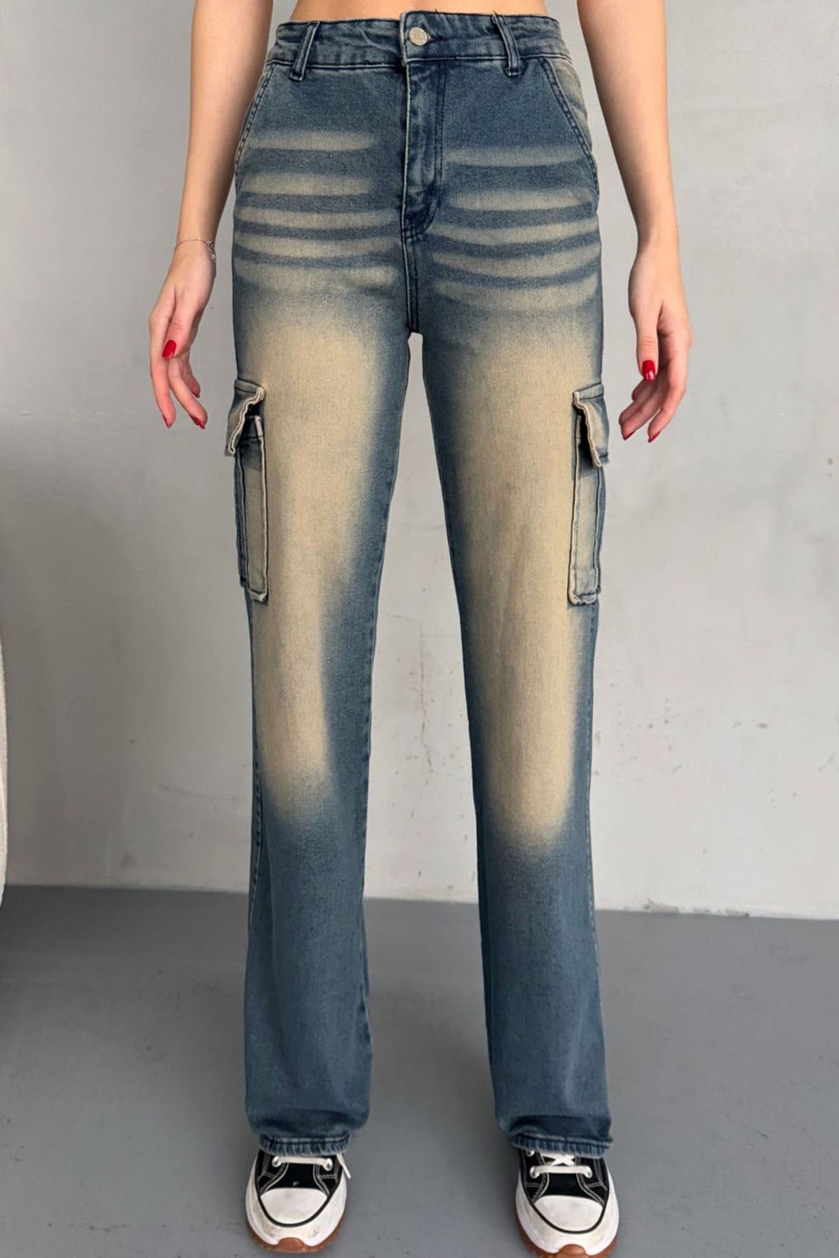 Vivika Wide Leg Geniş Paça Uzun Boy Kargo Cepli Pamuklu Esnek Fermuarlı Yüksek Bel Denim Jean Cool Pantolon