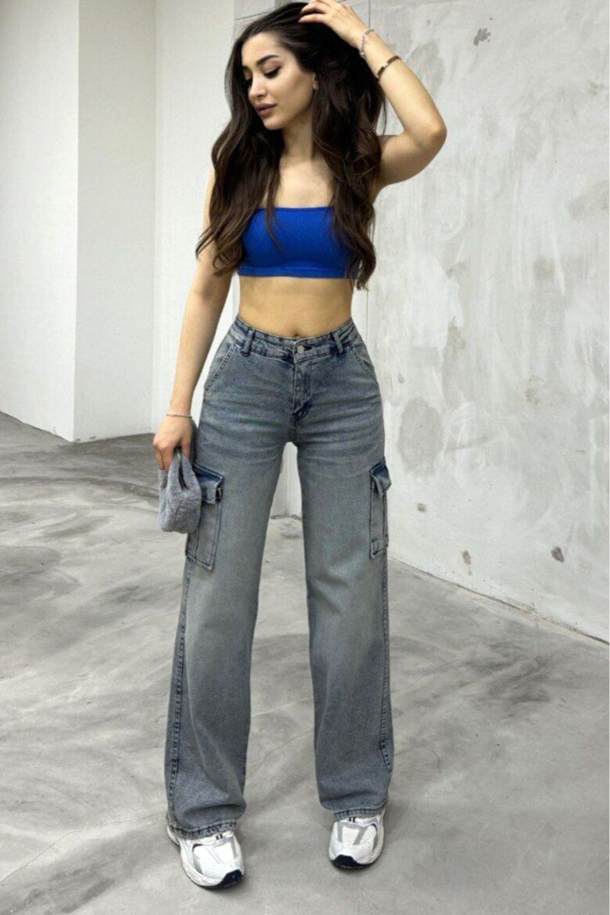 Vivika Vintage Yıkamalı Yandan Kargo Cepli Düğmeli Fermuarlı Pamuklu Düz Paça Wide Leg Denim Jean Pantolon