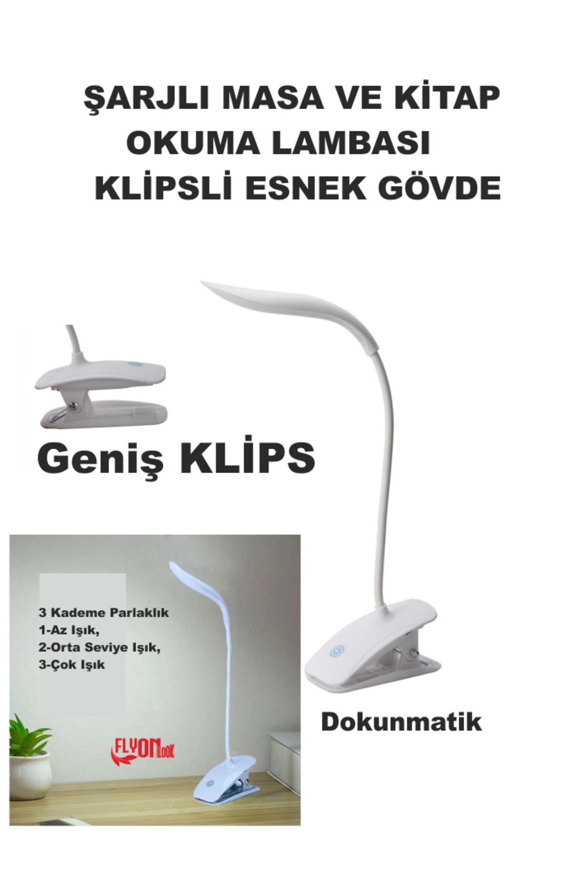 FLYONLOOK Şarj Edilebilir Klipsli Kitap Okuma Işığı 14 Led Kitap Arası Okuma 3 Modlu Işık Mandallı Lamba Masa