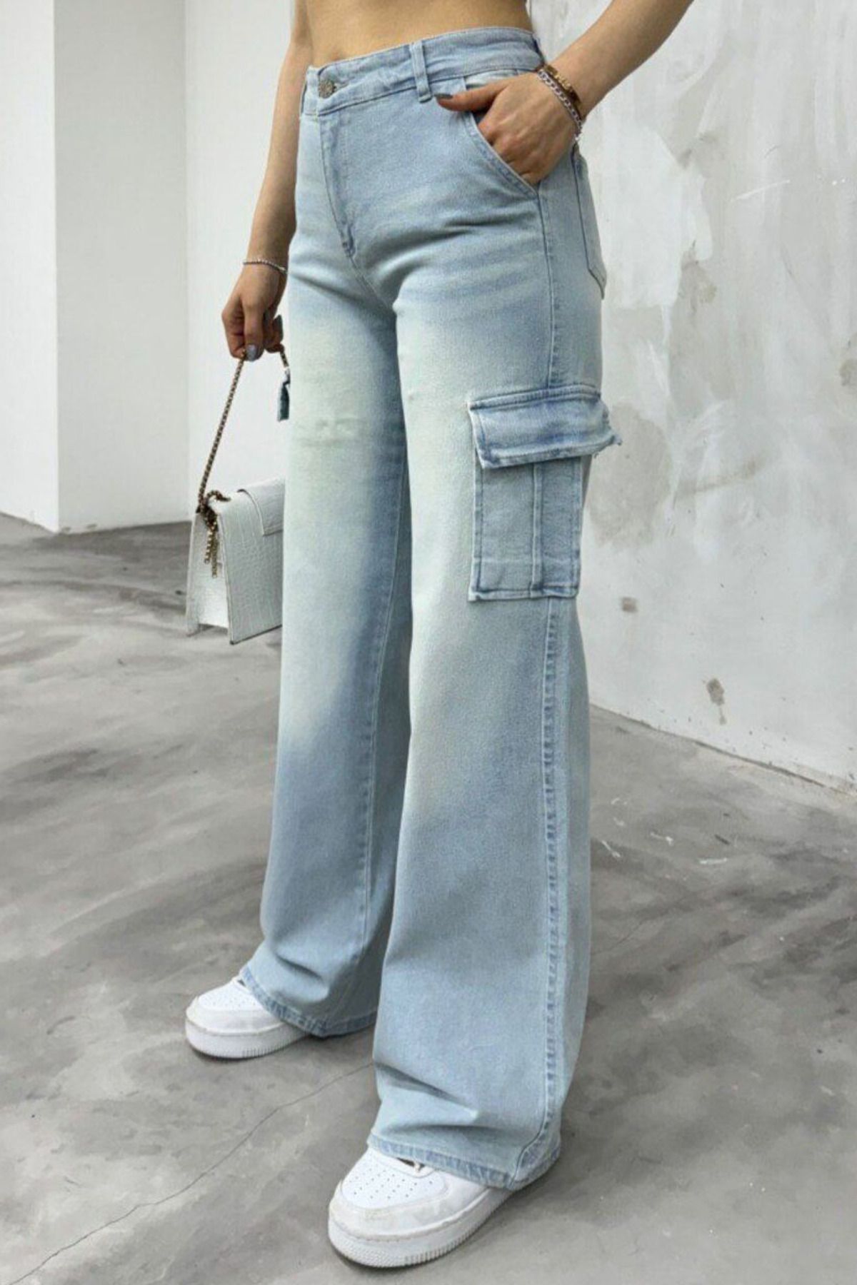 MissThetis Yüksek Bel Yıkamalı Efektli Çift Kargo Cepli Pamuklu Düz Geniş Paça Wide Leg Denim Jean Pantolon