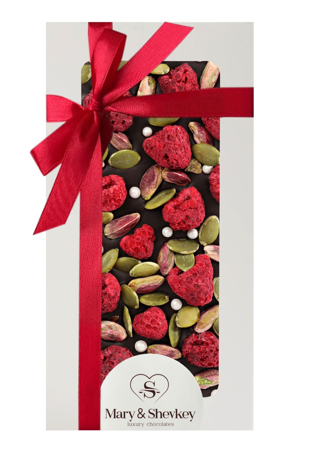 mary&shevkey luxury chocolates Bitter Çikolata Kabak Çekirdeği, Antep Fıstığı, Ahududu İçeren Lüks Sevgililer Günü Çikolatası 115gr